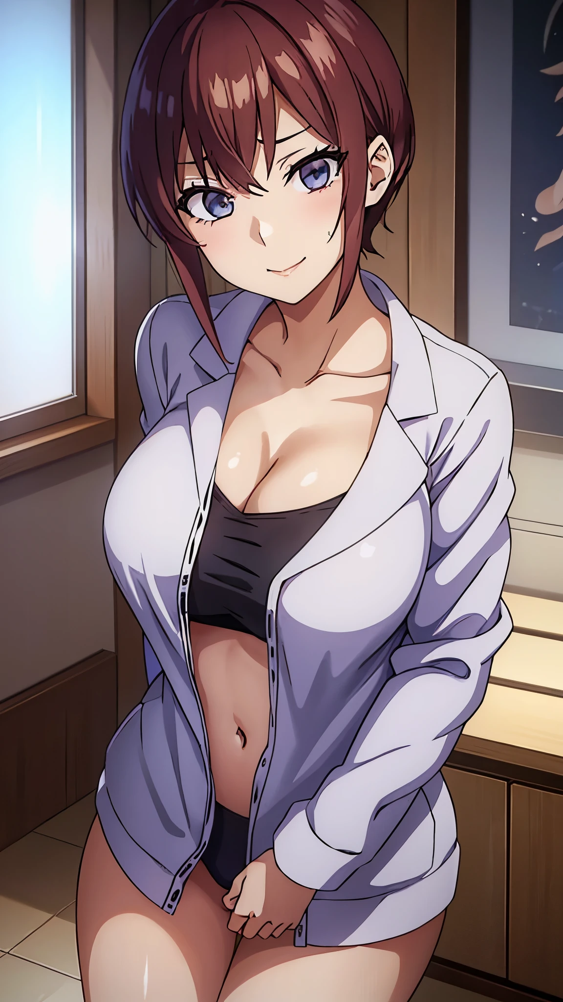 (((masterpiece))),fuyumi itadori, Anime girl characters, 1girl, solo, looking at viewer, medium hair long sleeves, cleavage, bigger breasts, closed mouth, collarbone, jacket, open clothes, open jacket, blue jacket, ground vehicle, sports bra, tall girl, horny, big ass, beautiful face,Charming,  anime visual of a cute girl, screenshot from the anime film, & her expression is solemn, ahegao face, in the anime film, in an anime, anime visual of a young woman, she has a cute expressive face, still from anime, perfect breasts, she is tall, All bodies visible, ahegao face, the face is ahegao, she is horny, A perverted face, she so perverted, she smile so perverted, hd picture, 4k quality, details of the face is so good,bigger breasts, ,change her face and make her face hd and pretty😍, make her face like nakano ichika , she is masturbating