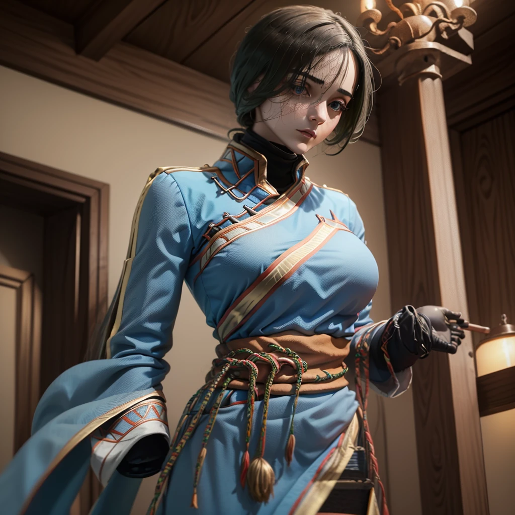 (Best-quality, Masterpiece, Ultra-High-Resolution), (invisible, no humans, headless, faceless:1.5), cute big breasts, (close-up shot of breasts), blue dress, long sleeves, side slit, (defaultLyn), blue dress, pelvic curtain, sash, brown boots