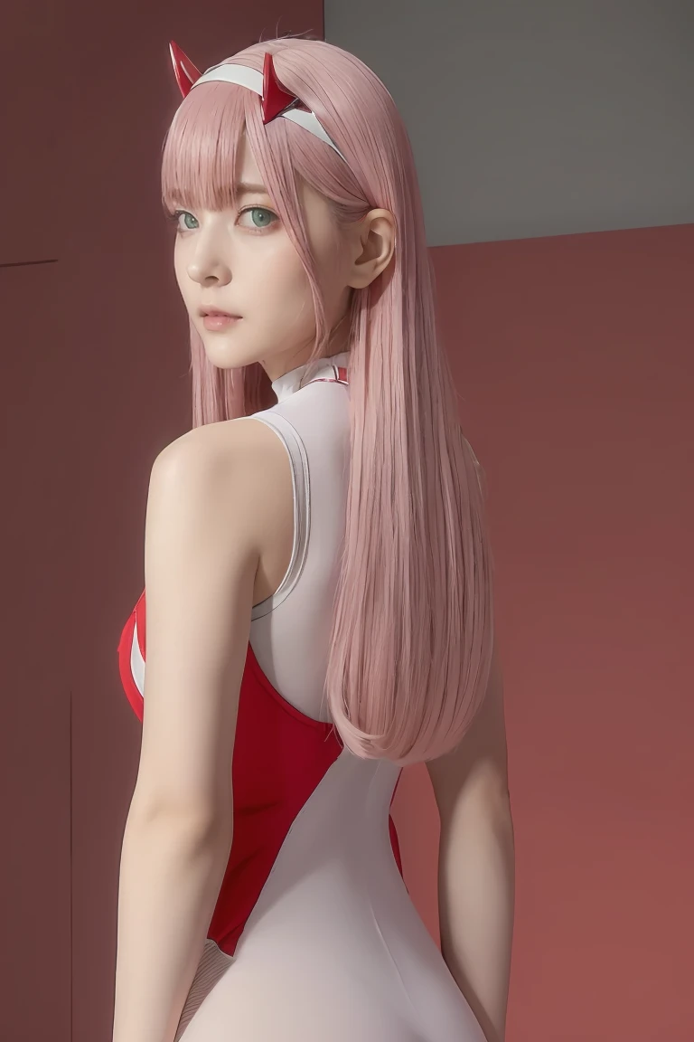 ((best quality)),((highly detailed)),masterpiece,absurdres,detailed face,beautiful face,((detailed eyes, deep eyes)),(1girl),((dynamic pose)),   Zero_Two, green eyes, 1girl, solo, red bodysuit, long hair, pilot suit, pink hair, bodysuit, straight hair, hairband, standing, horns, breasts, bangs, closed mouth, looking at viewer, medium breasts, white hairband, skin tight, blunt bangs, makeup, eyeshadow, very long hair, sidelocks, expressionless, hair between eyes, red horns, shiny hair, from behind