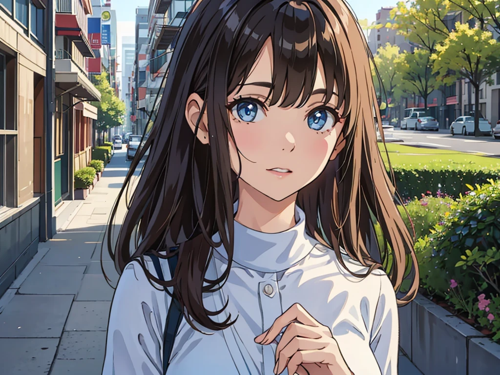 Masterpiece, 8k, Highest quality, Depth of subject, Beautiful high school girl, Your face is so cute, A gentle gaze, Beautiful and accurate female body shape, Accurate hand structure, Big Breasts, A relaxed world view, Scenery of a local city in Japan, Back Alley, stroll, Beautiful, detailed depiction, Soft sunlight, good morning, When you meet a close friend, The surrounding scenery is wide