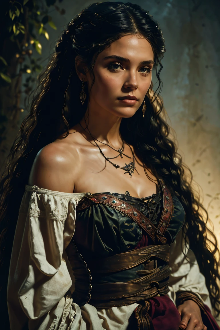 an aristocratic woman from the 17th century based on Clarke Griffin from the TV-series The 100, highly detailed cinematic illustration, black outlining, full color illustration, vivid colors, white background, masterpiece, 8k, ultra-detailed, physically-based rendering, dramatic lighting, intricate background, photorealistic