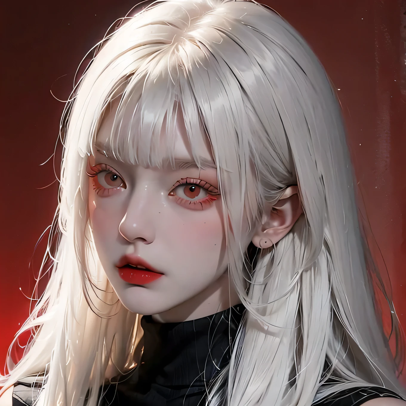 Analog style, RED eyes, white straight hair with straight bangs, red turtleneck , feminine, female, sexy, beautiful, BADASS, looks evil, cool, female fatale, ethereal , red background, Evil, menacingly , siren eyes, piercing eyes, intimidating , matured