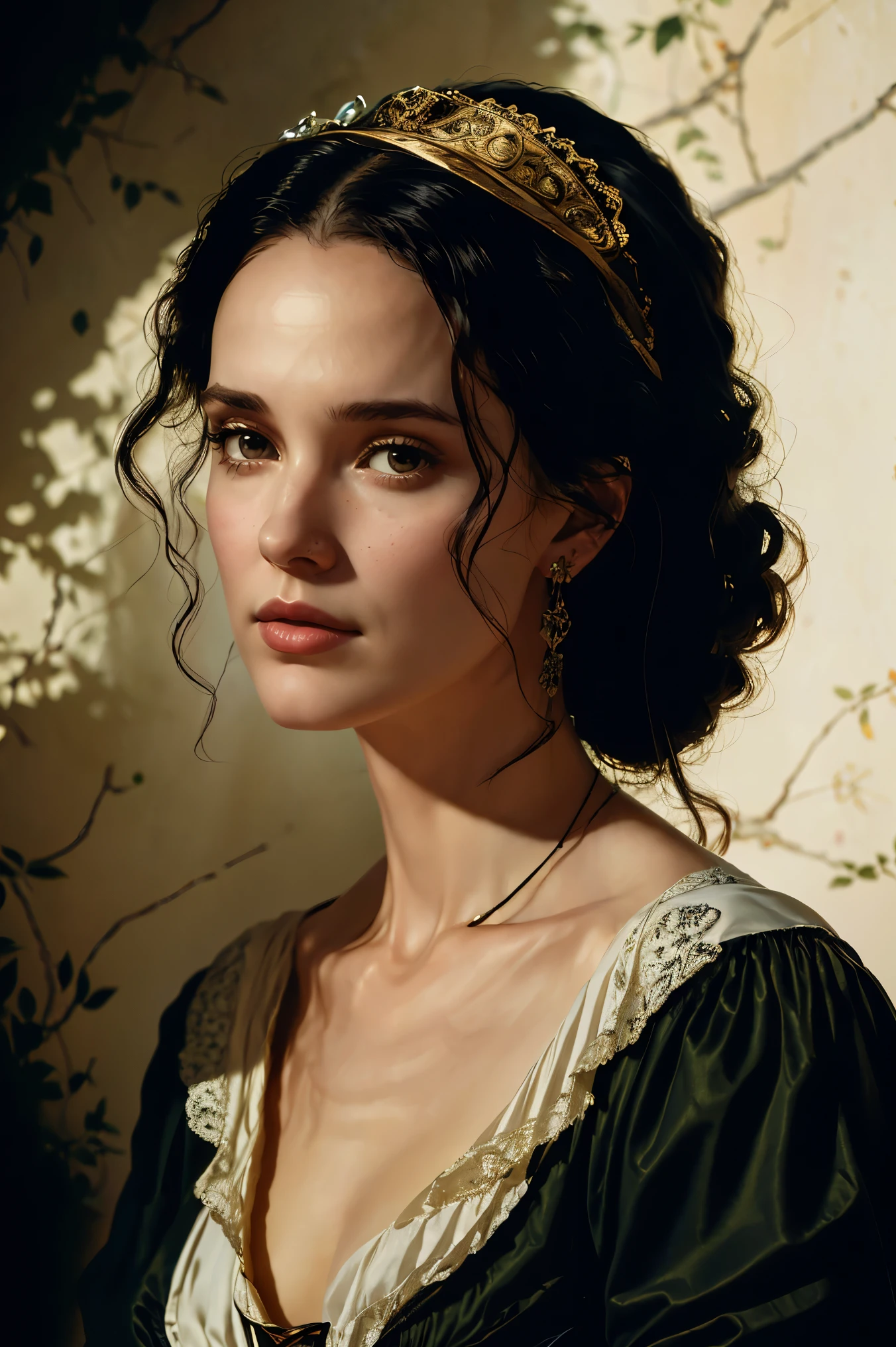 Winona Ryder as an aristocratic woman from the 17th century, highly detailed cinematic illustration, black outlining, full color illustration, vivid colors, white background, masterpiece, 8k, ultra-detailed, physically-based rendering, dramatic lighting, intricate background, photorealistic