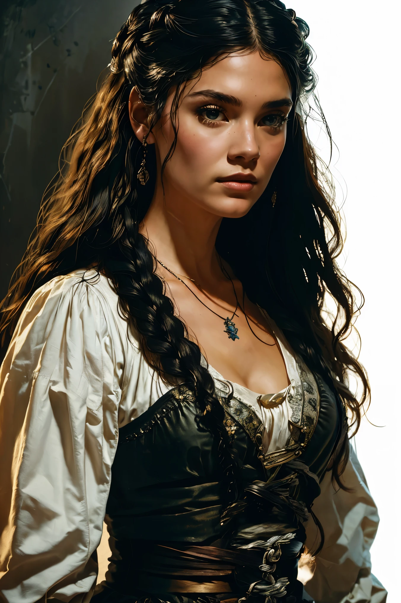 an aristocratic woman from the 17th century based on Octavia Blake from the TV-series The 100, highly detailed cinematic illustration, black outlining, full color illustration, vivid colors, white background, masterpiece, 8k, ultra-detailed, physically-based rendering, dramatic lighting, intricate background, photorealistic