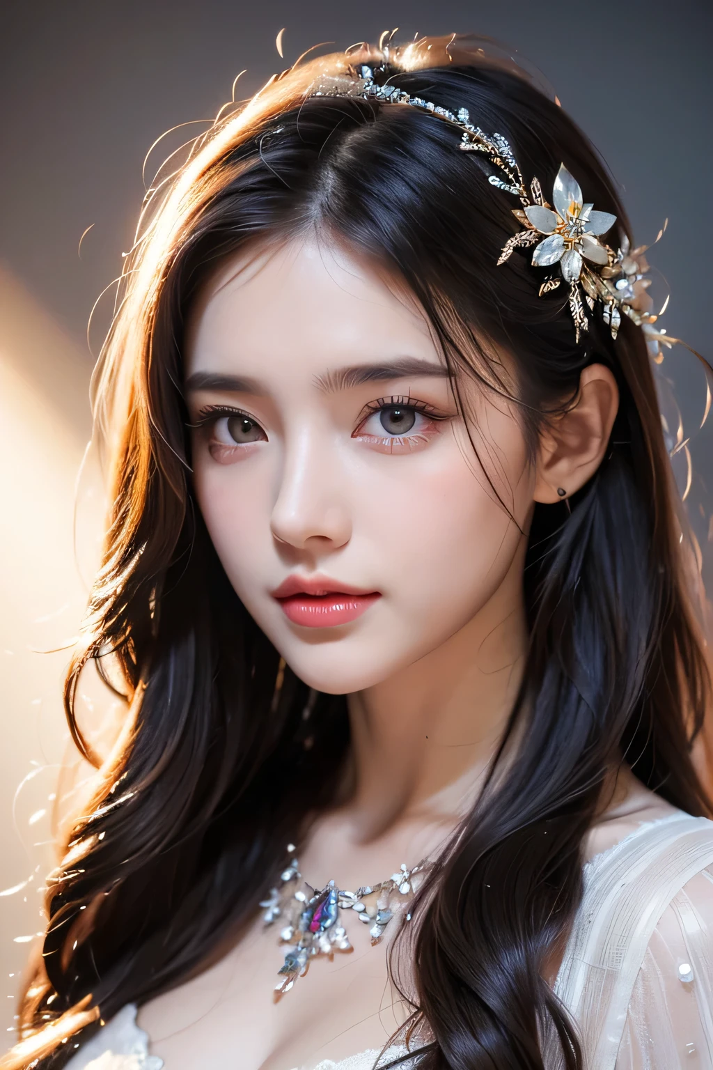 High-quality work，Realistic works，Super premium graphics，8K HD CG works，high quality graphics，High-definition and exquisite CG works，10x pixels，Ultra-fine details：1.1，Advanced technical details：1.1Realistic photo effects，Interior lighting effects：1.5，natural soft light：1.5. Light effect（Virtual light effects：1.8），ultra high resolution，shining dress，sliver long hair，silber hair，transparenthair，high detailed hair（Quality hair details：1.1）Clear eyes，Double eyelids look good，Sharp eye makeup, Create exquisite eyelash makeup, tthin eyebrows, Ultra-detailed eyes，a tall nose, lovely red lips, rosey cheeks, With delicate makeup on her face , pretty face, The face shape is perfectly proportioned,（Advanced facial details：1.1）Official art、Beautifully Aesthetic:1.2)、(1girl in)、ighly detailed、(Fractal Art:1.3)、colourfull、highestdetailed,(Poses in motion:1.4)、Detail Beautiful delicate face、Detail Beautiful delicate eyes、Very fine eye definition, (Symmetrical eyes:1.3),((Natural smile)),florals,pluma、image of goddess，Women's artwork，Dress full body video，Realism，Amazing Cleavage，My eyes are very bright today

