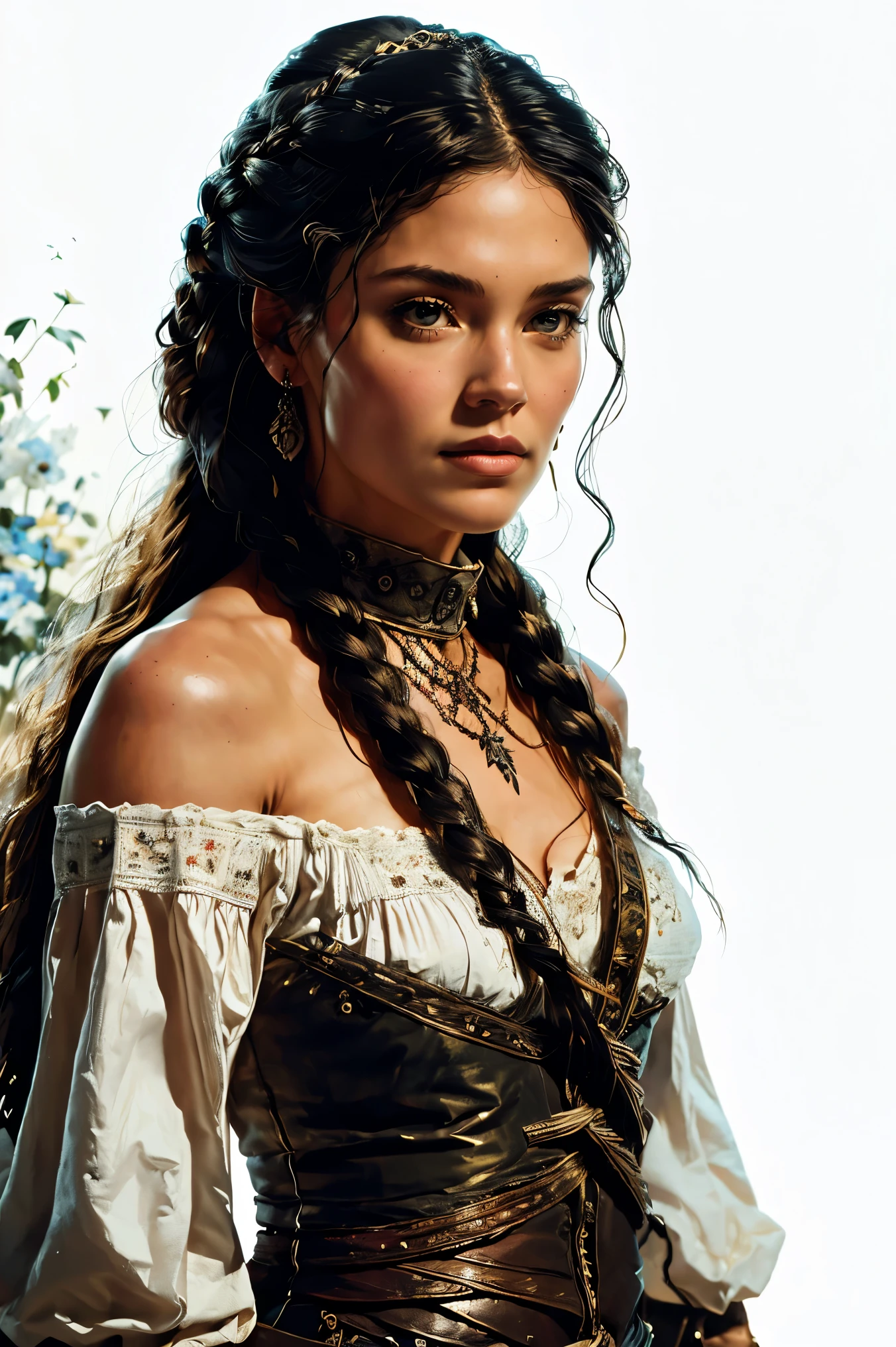 an aristocratic woman from the 17th century based on Clarke Griffin from the TV-series The 100, highly detailed cinematic illustration, black outlining, full color illustration, vivid colors, white background, masterpiece, 8k, ultra-detailed, physically-based rendering, dramatic lighting, intricate background, photorealistic