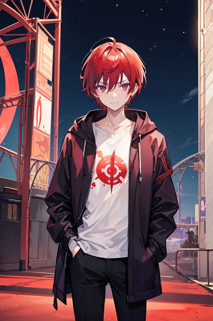 Face through torso, 1man, mature male in his 20s, short hair(Red hair, hair between eyes), sharp and masculine purple eyes(no highlights), sinister smile, mysterious aura like a mastermind behind all events, wearing white hoodie under casual jacket, black pants, controlling red death energy, standing in front of a closed amusement park's Ferris wheel at night with a blood-red moon in the background