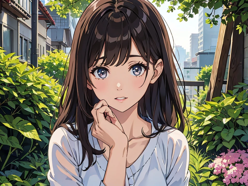 Masterpiece, 8k, Highest quality, Depth of subject, Beautiful high school girl, Your face is so cute, A gentle gaze, Beautiful and accurate female body shape, Accurate hand structure, Big Breasts, A relaxed world view, Scenery of a local city in Japan, Back Alley, stroll, Beautiful, detailed depiction, Soft sunlight, Good morning with a smile, The surrounding scenery is wide