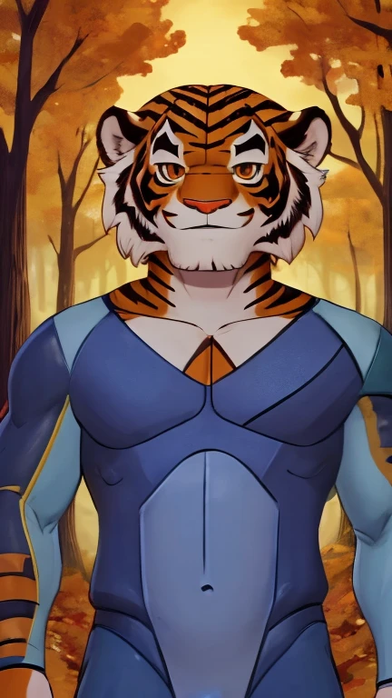 (male, solo, tiger), highly insanely detailed, masterpiece, top quality, best quality, highres, 4k, 8k, RAW photo),((innocent look)),((Childish)),From the front, symmetrical composition,smile,cute,Innocent,Kind eyes,Flat chest,digital art Style, forest, autumn, (tygra),front view, two-tone hair, orange eyes, tiger stripes, orange skin, multicolored bodysuit, long sleeves