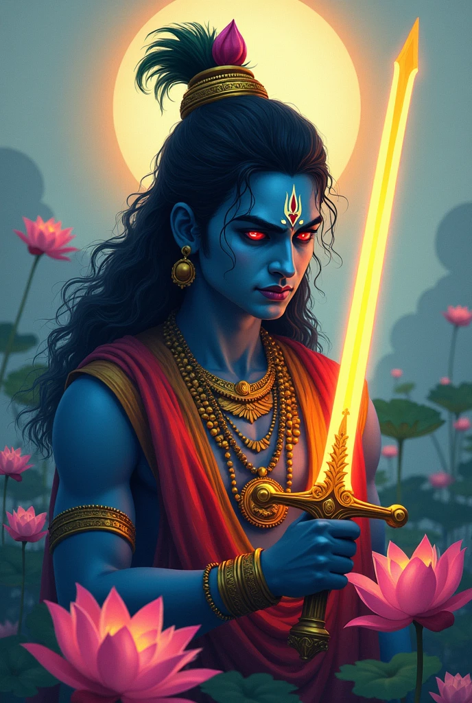 tmasterpiece，Super cool lord krishna ，The face is grim，Random light and shadow，Random character background，minimal painting style，A glowing sword，Lotus flowers as the background，Impeccable，Need，high light，Bright and colorful shades，3 background，A high resolution，     --ar 9:16 --niji 5