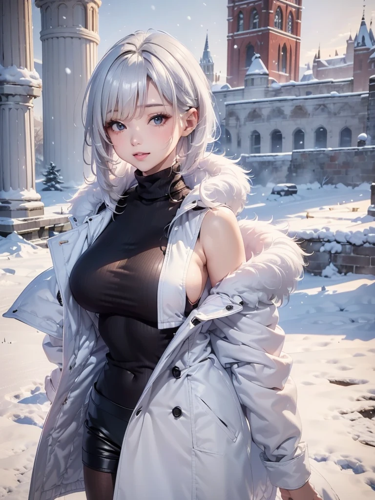 
masterpiece:1.5, high quality. 1girl, turtleneck sweater, sideboob, black short pants, pantyhose, white hair, fur white coat, medium breasts, bright skin. background: winter ruins, snow fall. ダイナミックなポーズ