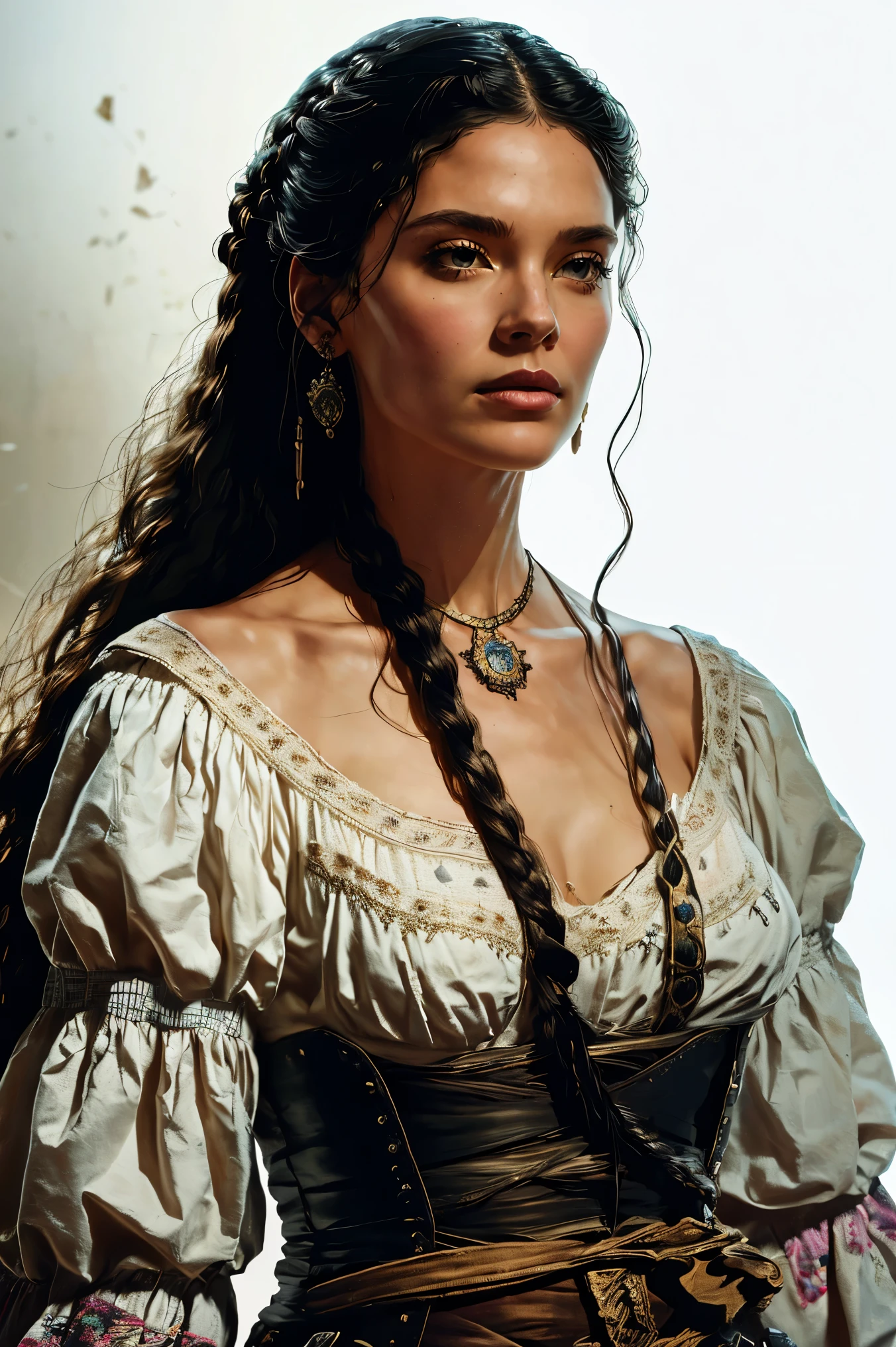 an aristocratic woman from the 17th century based on Echo from the TV-series The 100, highly detailed cinematic illustration, black outlining, full color illustration, vivid colors, white background, masterpiece, 8k, ultra-detailed, physically-based rendering, dramatic lighting, intricate background, photorealistic