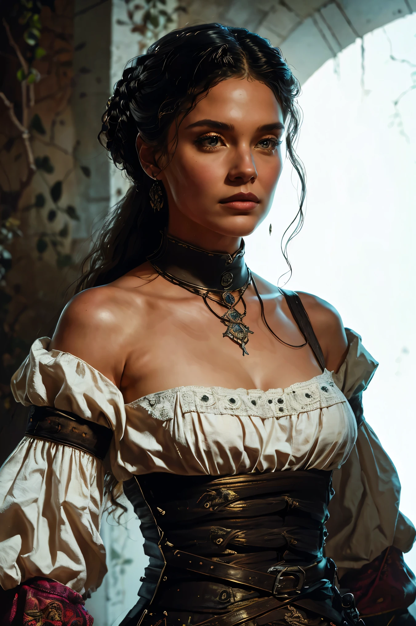 an aristocratic woman from the 17th century based on  Echo from the TV-series The 100, highly detailed cinematic illustration, black outlining, full color illustration, vivid colors, white background, masterpiece, 8k, ultra-detailed, physically-based rendering, dramatic lighting, intricate background, photorealistic