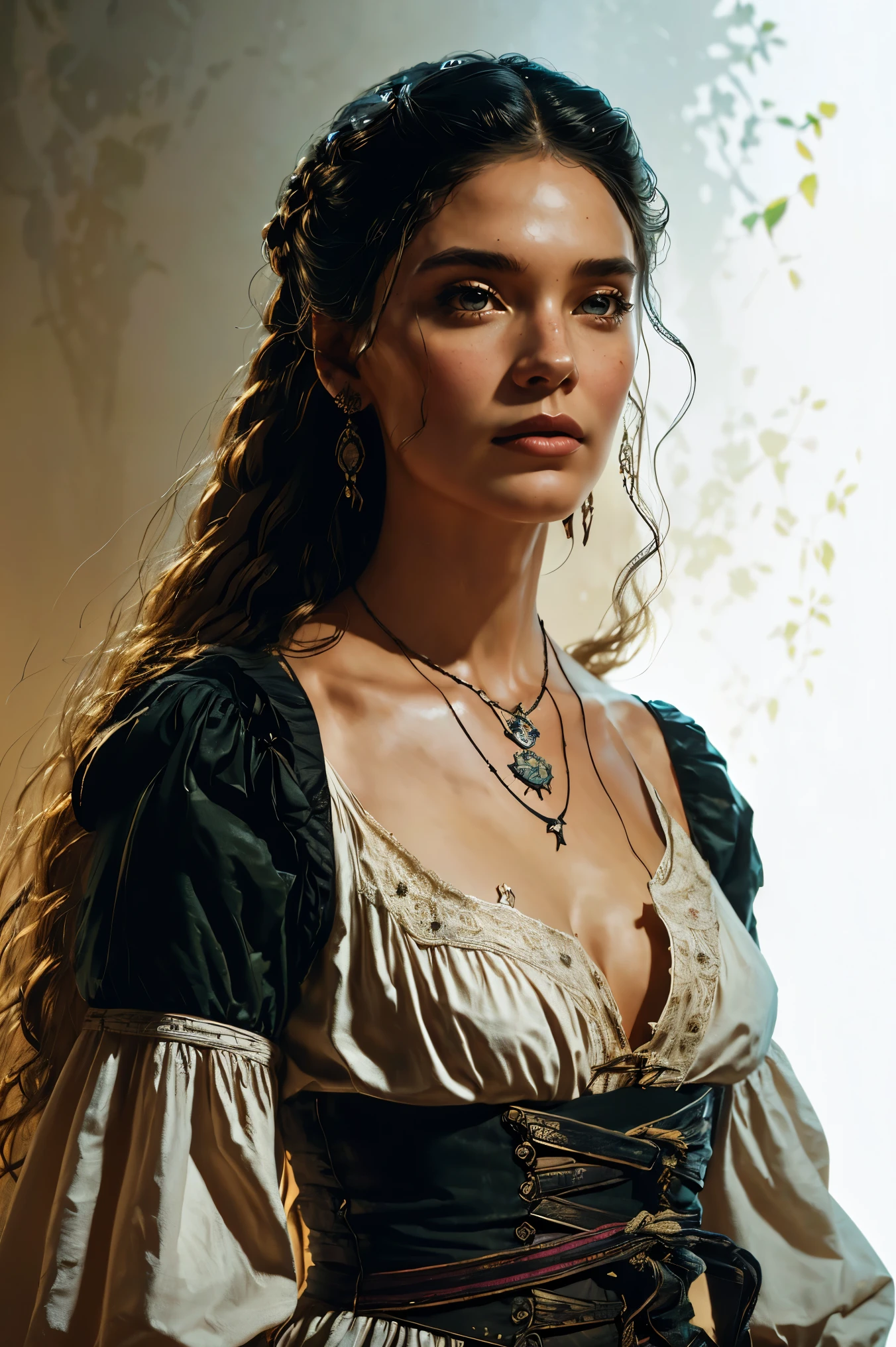 an aristocratic woman from the 17th century based on  Echo from the TV-series The 100, highly detailed cinematic illustration, black outlining, full color illustration, vivid colors, white background, masterpiece, 8k, ultra-detailed, physically-based rendering, dramatic lighting, intricate background, photorealistic