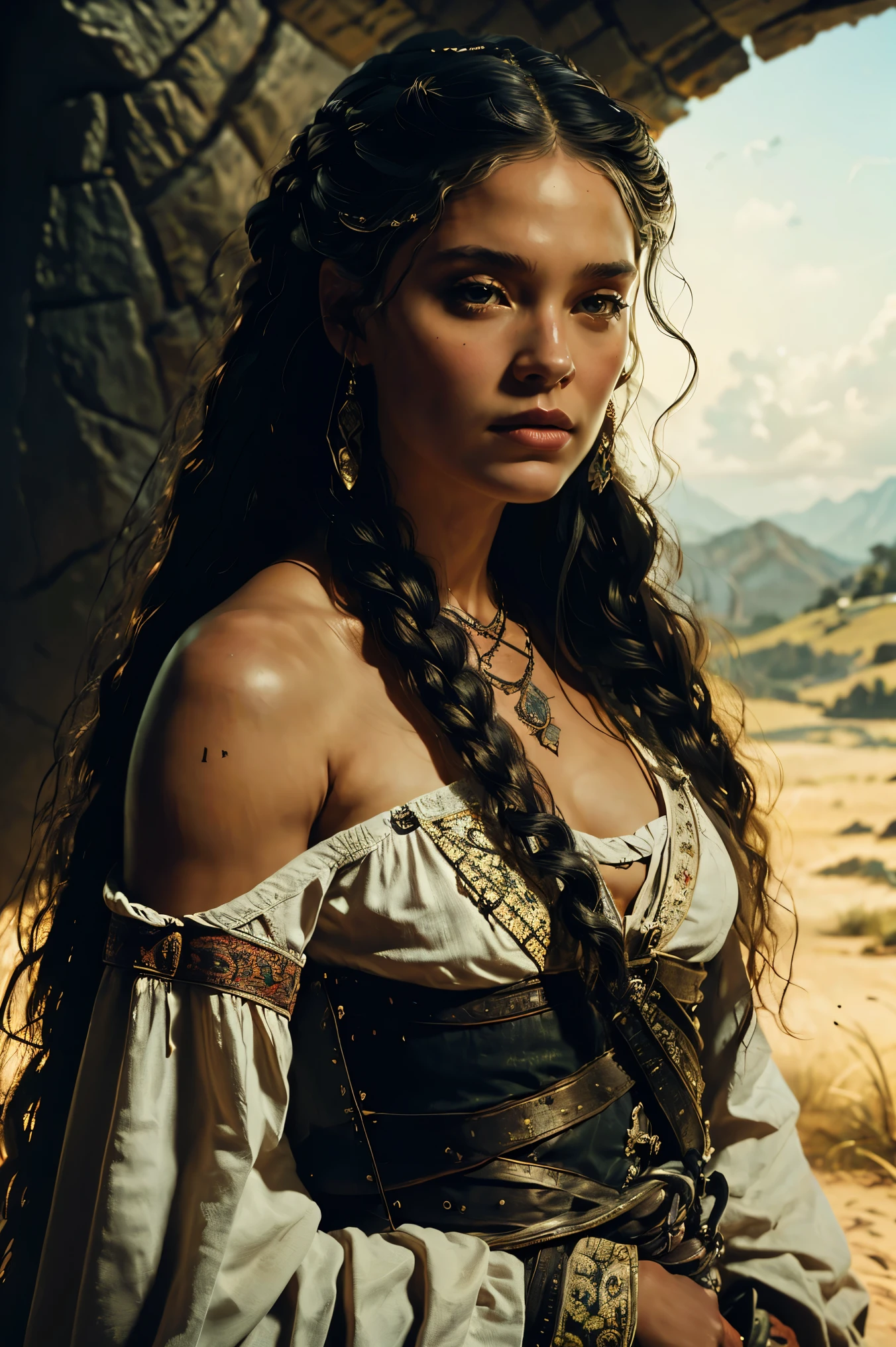 an aristocratic woman from the 17th century based on Lexa from the TV-series The 100, highly detailed cinematic illustration, black outlining, full color illustration, vivid colors, white background, masterpiece, 8k, ultra-detailed, physically-based rendering, dramatic lighting, intricate background, photorealistic