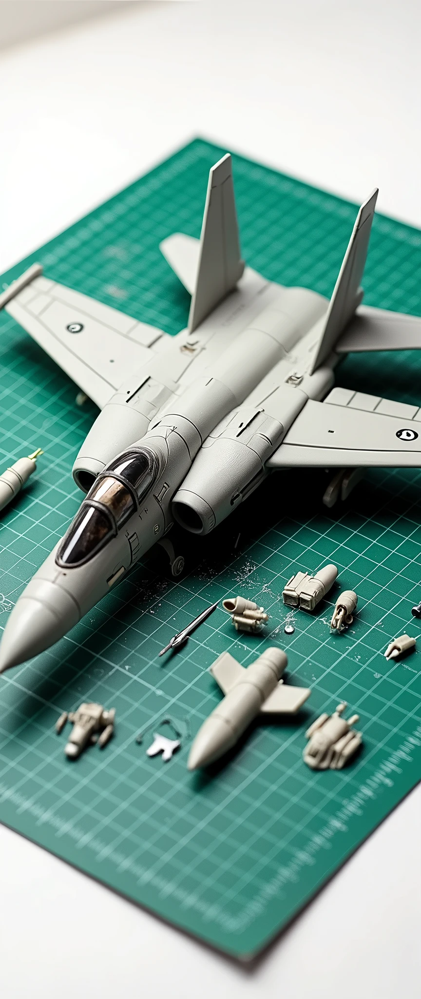 (masterpiece:1.2,Superior Quality,Mirror-like,Cinematic Experience,RAW Photos:2.0,Photorealistic:2.0),8k,wallpaper,(Grumman F-14A Tomcat),(Plastic Models:2.0),(TAMIYA style),(Isometric 3D diorama:2.0),(Matte Paint:2.0),(Inking painting),(Background is white:2.0),(Model:2.0),(Toy:2.0),(dynamic:2.0),,(Green checkered cutting mat:2.0),(Plastic Models用の工具:2.0),(組み立て中のPlastic Models:2.0),(Parts are scattered:2.0)