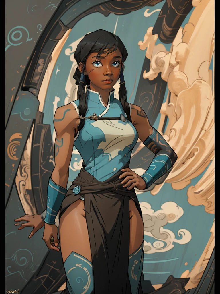 1girl, solo, (masterpiece), best quality, ultra-detailed, Korra from Avatar, Retro style, full body. fashion cloth, fancy. avatar mode, darker skin