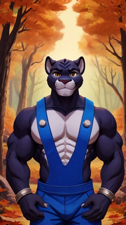 (male, solo, panther), highly insanely detailed, masterpiece, top quality, best quality, highres, 4k, 8k, RAW photo),((innocent look)),((Childish)),From the front, symmetrical composition,smile,cute,Innocent,Kind eyes,Flat chest,digital art Style, forest, autumn, (panthro),front view, blue overalls, spikes, eye of thundera, silver bracelet, muscular, bulky