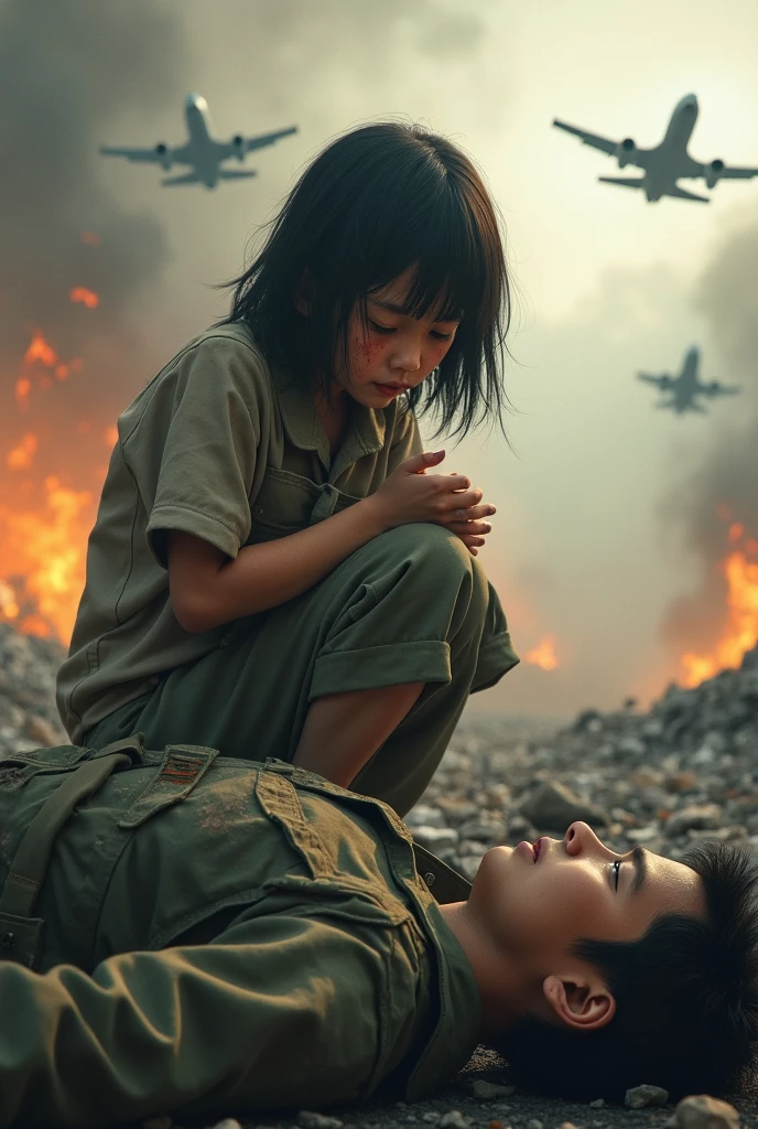Photo-realistic, ultra-realistic, (very beautiful Japanese, famous Japanese idol:1.3), (Fully equipped for battle:1.5), m4a1 large assault rifle on her back, (amazing view of massive explosion:1), (painful impressions, crying:1.3), (wearing an army soldier's Camouflage outfits with military helmet:1.5), (at a battle field of Abandoned Building at night), very large breasts, (tactical vest, military harness:1.3), (military long boots:1), dynamic angle, spectacular, (injured, lying on a stretcher:1.3), (muddied, damaged wears, damaged body:1.3), (She is holding a cute child and running to escape:1.4)