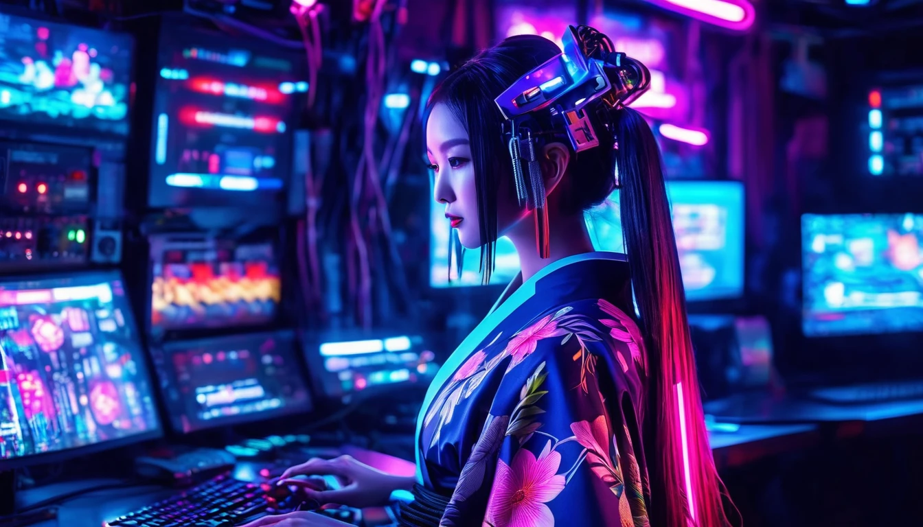 high tech, Futuristic, Only the scenery、No people、 (Realistic:1.4), Long hair made of cables, robot, In the background there are lots of computer cables, Ultra-high resolution, Ultra-high resolution, 8k, Neon Light, Japanese Culture, kimono, behind