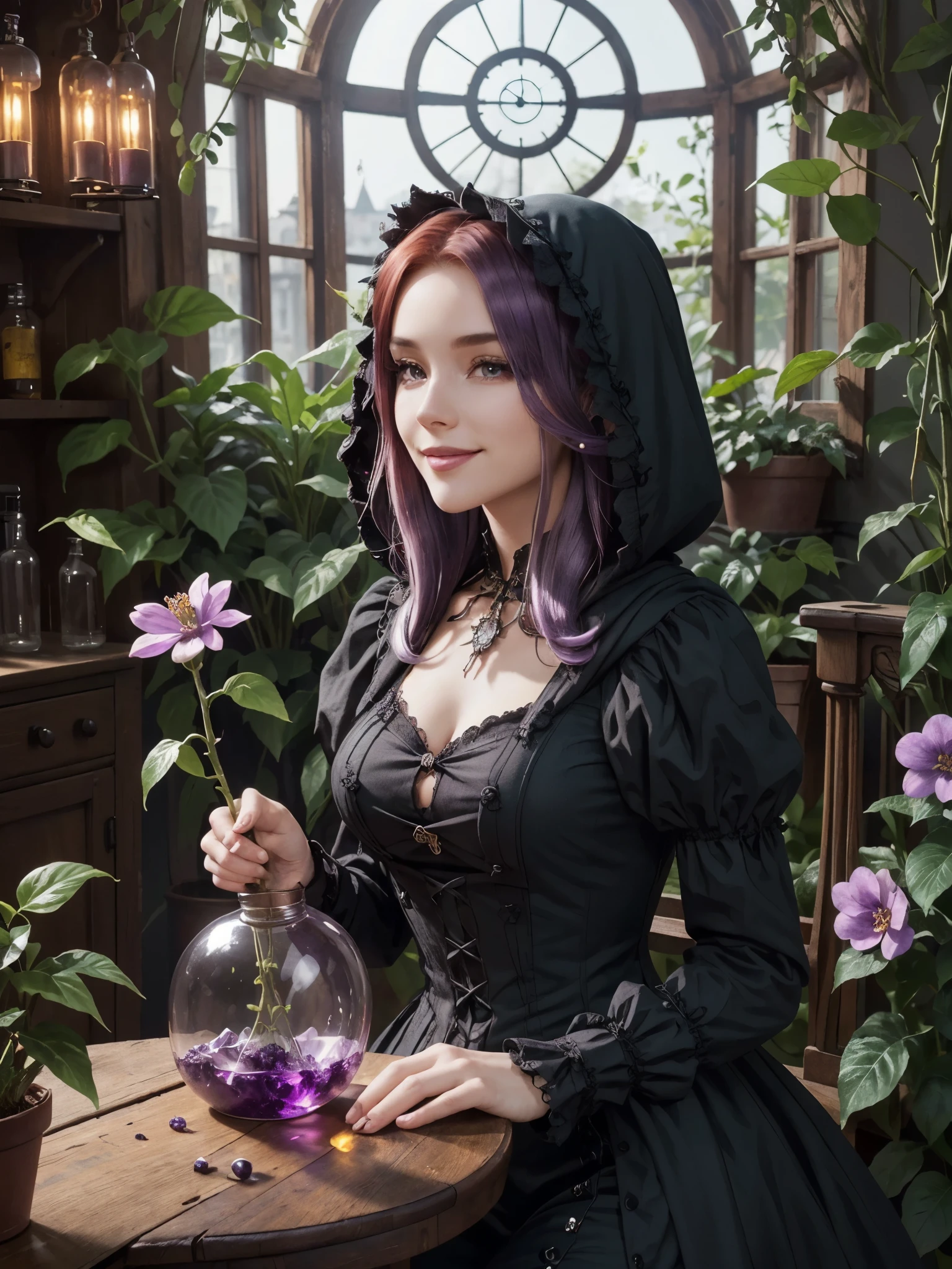 girl, gothic victorian dress, hood, muffler, dark steampunk laboratory, glowing potion vials, clockwork, (masterpiece, high quality, high resolution:1.2), (red hair:purple hair), seductive smile, living red crystals, flower, vines, glowing quartz, amethyst, soft colorful light, garden of crystal, super details,