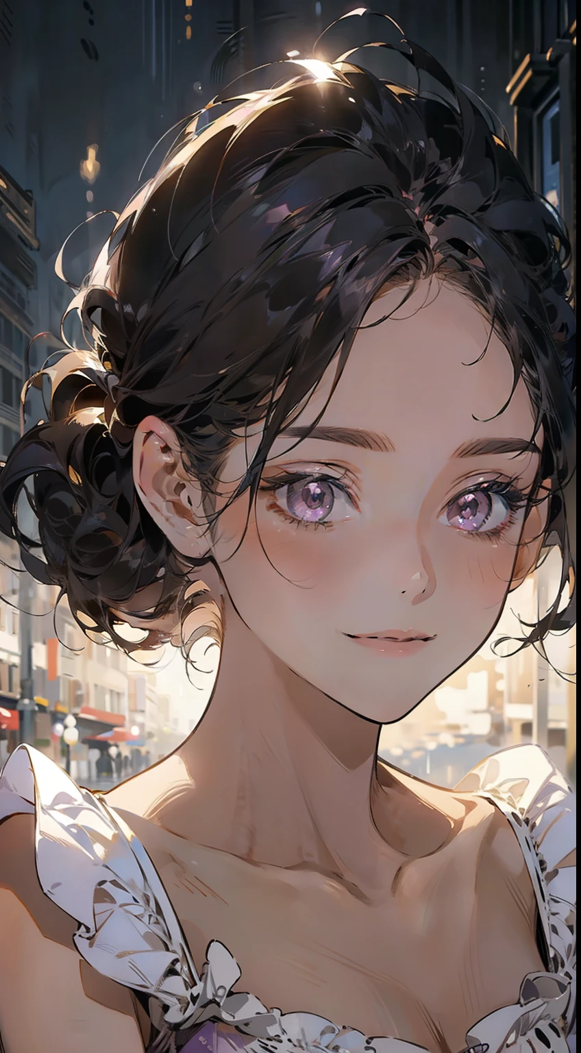 work of art, best qualityer, realisitic, mature woman, cute, 2, cloused mouth, portraite, extreme detailed face, soft smiling, (dark purple eyes), ((with single black hair bun), ((hair with front bangs)), [tthin eyebrows], ((light purple dress)), no-makeup, drlight smile, ear flush, light blush, short eyelashes, 4K,open air