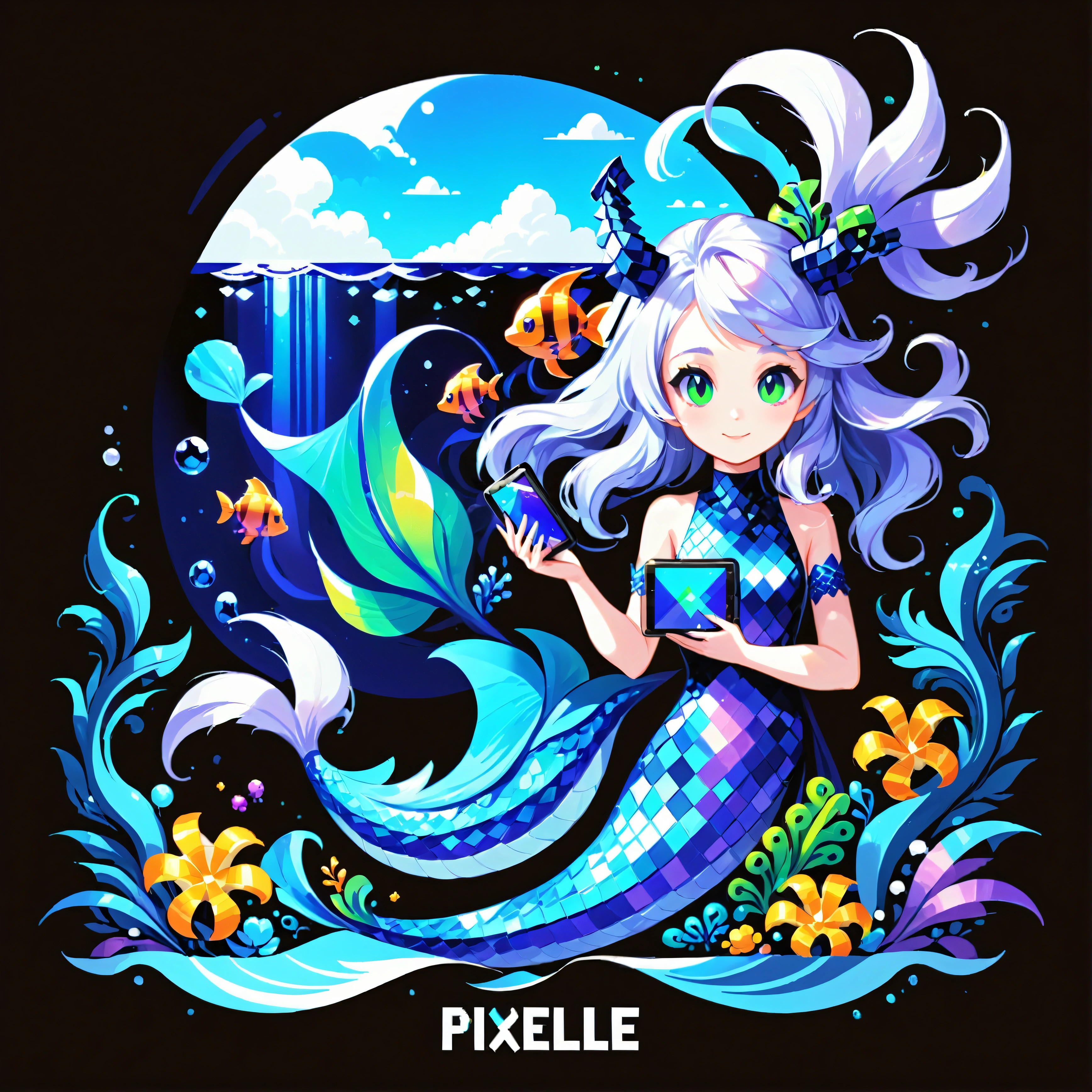 Create a pixelated character named Pixelle, a friendly mascot for a digital art generation website. Pixelle is a half-human, half-sea creature with a stylized fishtail, glowing antennae representing her connection to the digital world, and a pixelated color palette of blue, green, and purple, inspired by the ocean. Her body is sleek and slightly translucent, with digital patterns shimmering across her scales. Pixelle’s eyes are large and expressive, shining like glowing pixels, and her hair flows softly, changing from oceanic blues to purples. She holds pixelated accessories like a graphics tablet or seaweed-like brushes, representing digital creativity. Her design should have a retro pixel art style, with a friendly, approachable look, and a warm smile that invites users into a world of creativity.