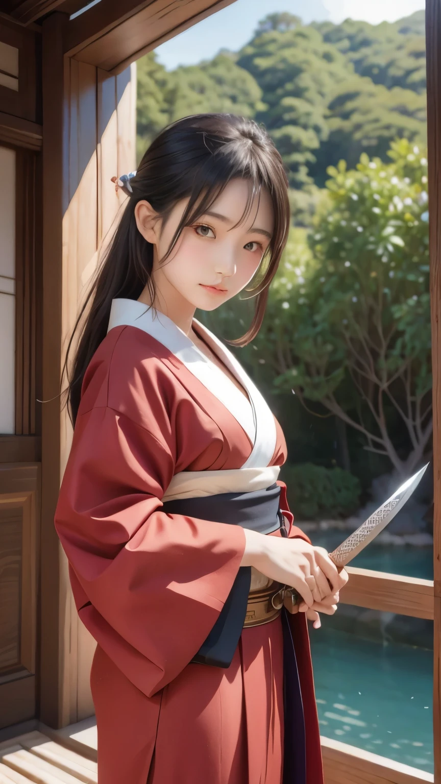 masterpiece, Highest quality, Raw photo, Realistic photos, Holding a Japan sword in his right hand, Slash an enemy with a Japanese sword, loooking at viewer, Glaring at the audience, Japanese female samurai, Wearing a Japanese kimono, Wide-angle shot, Dynamic perspective, 