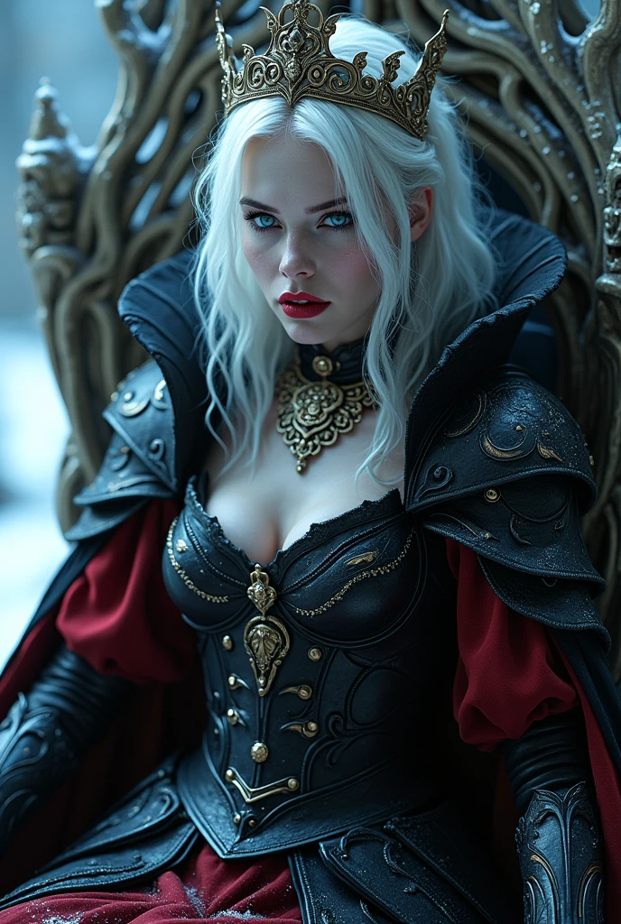 RAW Photos,black light, hair blonde, dark surroundings, Dark masterpiece, mulher fair brown-skinned, SITTING ON A THRONE, black roses, posing photo, long hair, hair blonde, black witchcraft, red geometric shiny background, full body size, Eastern fantasy theme, Eyes red, underworld, cold stare, Dark clothes, long and tight, fair brown-skinned, color classification, dark illustration, extreme quality, Radiant, extremely detaild, Face ultra detailed, ultra hd 8k, ultradigitality, mythical, black lightning, Conceital Art Portrait of Greg Rutkowski, artgerm, hyperdetailed, intricately detailed Gothic art, dark gothic fantasy style, triadic colors, Fantastic, intricate-detail, opening screen, colors complementary, fantasy concept art, 8K resolution, masterpiece of gothic deviantart, Heavy strokes, soft lighting, Surrealism