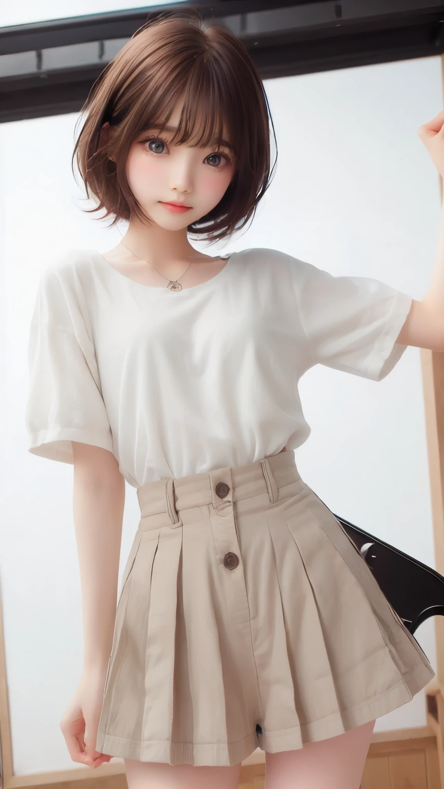 ((highest quality))、(masterpiece:1.4)、Raw photo、8k、((best image quality))、 ((High resolution))、Beautiful face in every detail、realistic human skin、gentle expression、(one woman:1.3 )、realistic、Photoreal、(very short hair:1.4)、(Beautiful woman)、(cute japanese girl)、(boyish:1.4)、(mannish)、((Beautiful woman))、(beautiful hair)、((dark brown hair))、(((red cheeks)))、(((her eyes are big)))、20 year old beauty、(her face is small:1.8)、small head、((long neck))、white skin、spotless skin、With bangs、everyone admires、Beautiful woman in Japan、8 heads tall、(necklace)、(music festival:1.4)、singer、(concert t-shirt)、smile、(oversized clothes:1.3)、happy look、(play bass guitar:1.3)、(On stage:1.3)、stand microphone、Wristband、bracelet、band group vocals、music live、