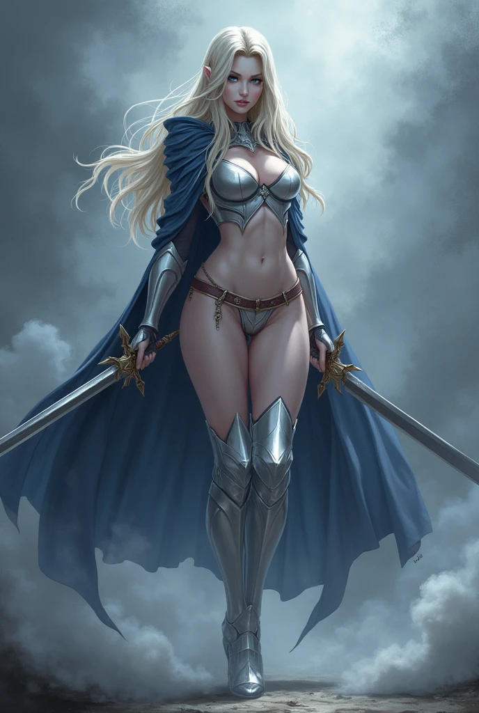 masterpiece, best quality, 1girl, solo, looking at viewer, deladelon, earrings, bikini armor, cape, elbow gloves, pauldrons, thigh boots, fur trim, large breasts