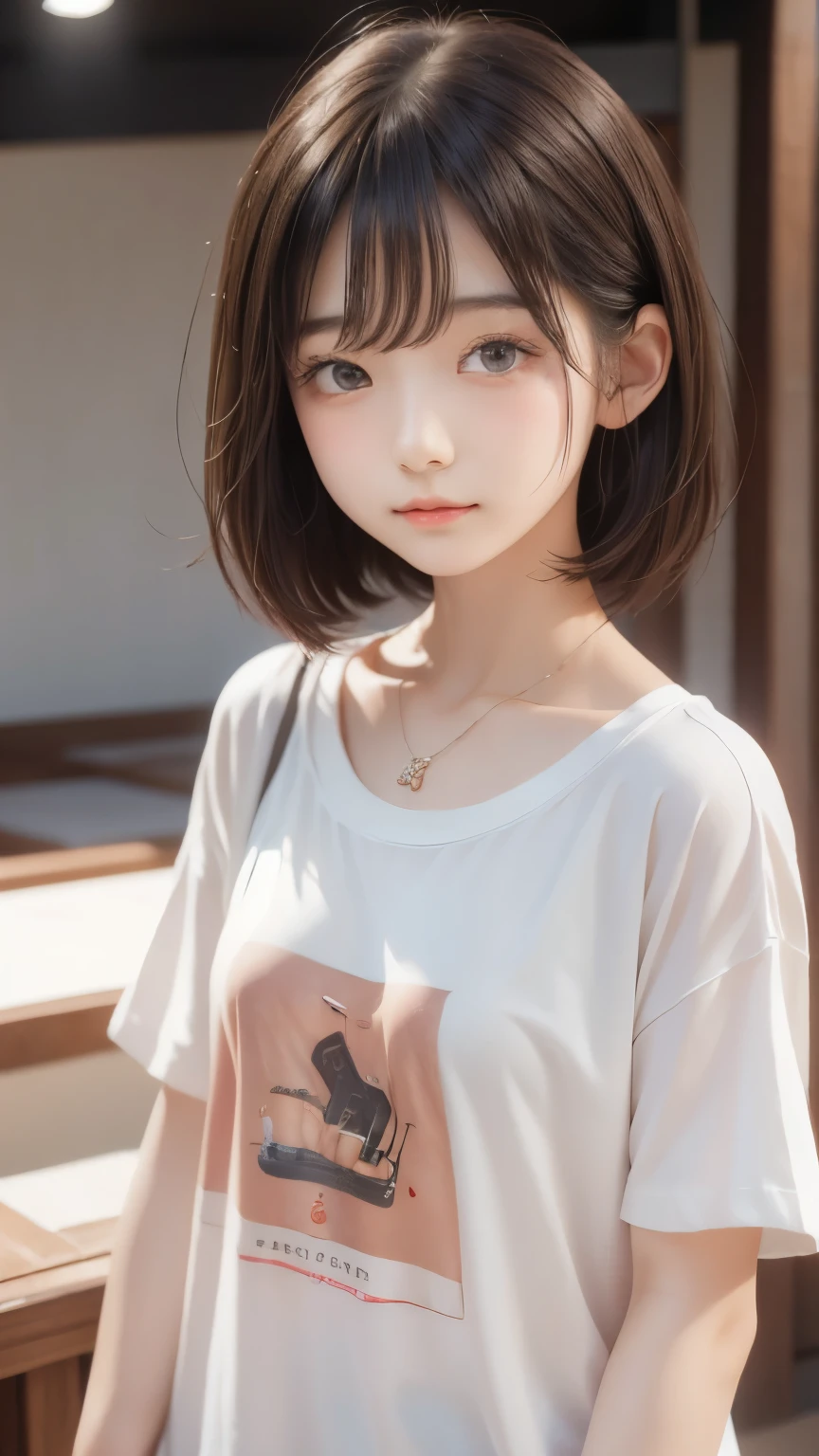 ((highest quality))、(masterpiece:1.4)、Raw photo、8k、((best image quality))、 ((High resolution))、Beautiful face in every detail、realistic human skin、gentle expression、(one woman:1.3 )、realistic、Photoreal、(very short hair:1.4)、(Beautiful woman)、(cute japanese girl)、(boyish:1.4)、(mannish)、((Beautiful woman))、(beautiful hair)、((dark brown hair))、(((red cheeks)))、(((her eyes are big)))、20 year old beauty、(her face is small:1.8)、small head、((long neck))、white skin、spotless skin、With bangs、everyone admires、Beautiful woman in Japan、8 heads tall、(necklace)、(music festival:1.4)、singer、(concert t-shirt)、smile、(oversized clothes:1.3)、happy look、(play bass guitar:1.3)、(On stage:1.3)、stand microphone、Wristband、bracelet、band group vocals、music live、