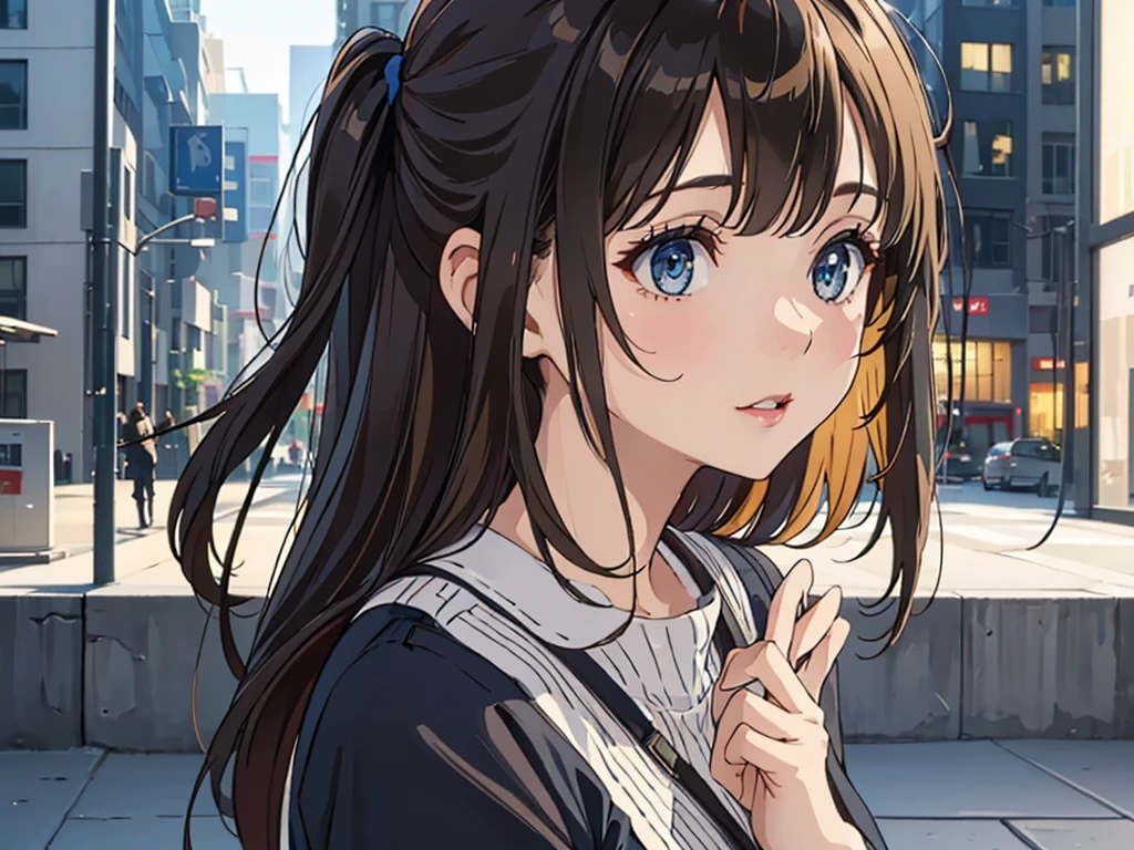 (Masterpiece, 8k, Highest quality, Depth of subject), (Beautiful high school girl), (Your face is so cute, A gentle gaze), (Beautiful and accurate female body shape, Accurate hand structure), (Big Breasts), (A relaxed world view, Scenery of a local city in Japan, Back Alley, stroll, Beautiful, detailed depiction, The surrounding scenery is wide, Soft sunlight), (Good morning with a smile), The subject is depicted as a whole body～Bust Up