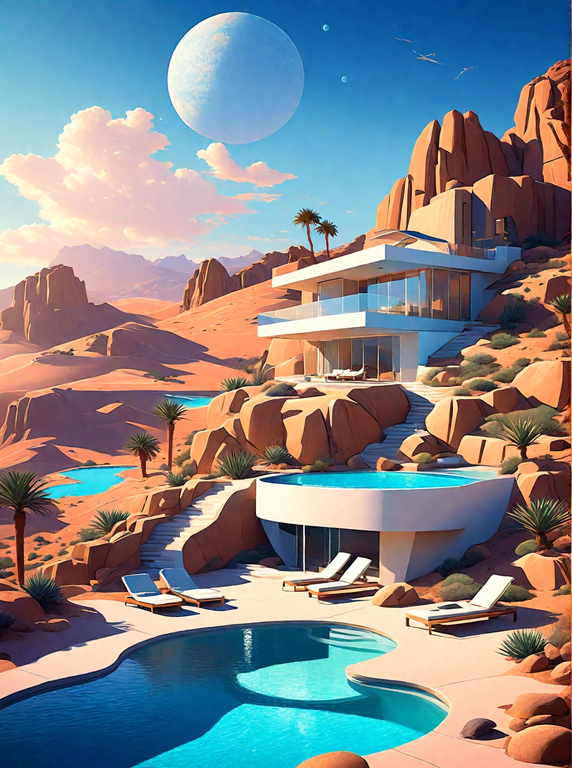 arafed view of a house with a pool and a mountain in the background, desert oasis, oasis in the desert, futuristic in the desert, hillside desert pavilion, stylized digital illustration, by miles johnston, in style of digital illustration, inspired by David Ligare, in the art style of filip hodas, in a futuristic desert palace, desert setting