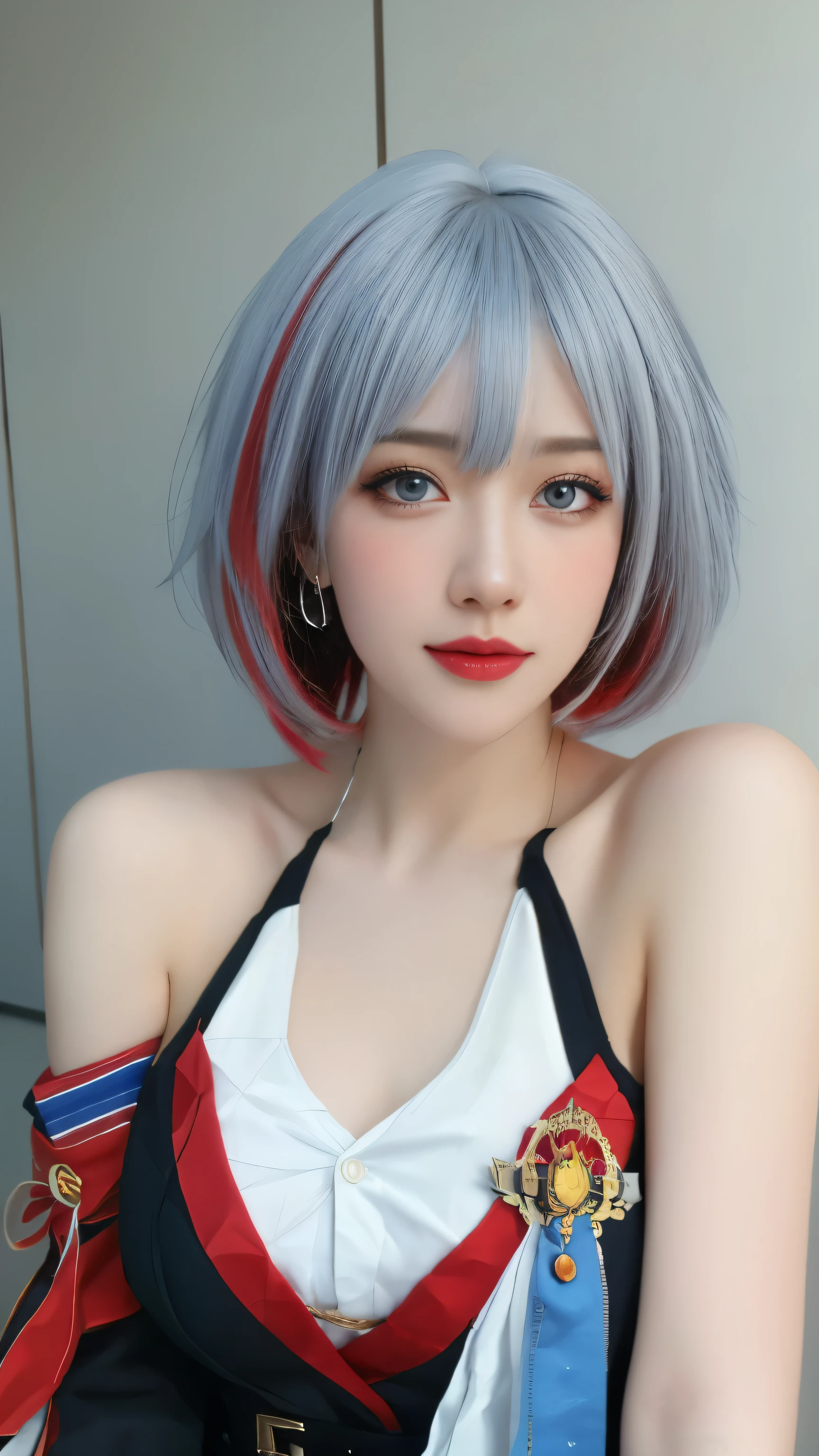 ulzzang-6500-v1.1,(raw photo:1.2),((photorealistic:1.30)), ((best quality)) ,((masterpiece)),((Ultra High Resolution)), ((Clear View)),,Ultra-high resolution,Clear face,（Reality：1.4) ,  illustration, an extremely delicate and beautiful, extremely detailed ,CG ,unity ,8k wallpaper, Amazing, finely detail, masterpiece,best quality,official art,extremely detailed CG unity 8k wallpaper,absurdres, incredibly absurdres, huge filesize, ultra-detailed, highres, extremely detailed,beautiful detailed girl, extremely detailed eyes and face, beautiful detailed eyes,light on face,cinematic lighting, (upper body:1.5), 1girl, bangs, (white hair),blurred, blurred background, blurred foreground, depth of field, face, multicolored hair, short hair,hair ornament,Blue eyes,bare shoulders,cleavage cutout,dress, short sleeves, black gloves, belt,shorts,thigh strap,