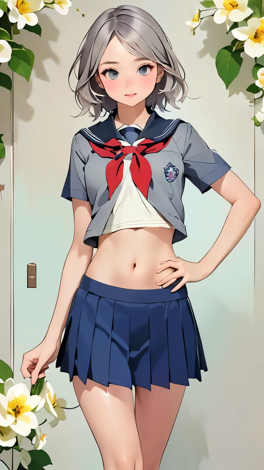 Poster,(a lot:1.2),((Art Deco,Botanical Art,Flower Art)),(Floral:1.2),Lily flower,
(masterpiece, Highest quality),(Vibrant colors,colorful),(Amazing details,Detailed Background),Anatomically correct,Accurate drawing,Detail View,Sense of luxury,
Perfect Anatomy, Girl takes off clothes:1.6, Bare Belly,belly button, Grey Hair, Grey Eyes,
(school uniform:1.5),
