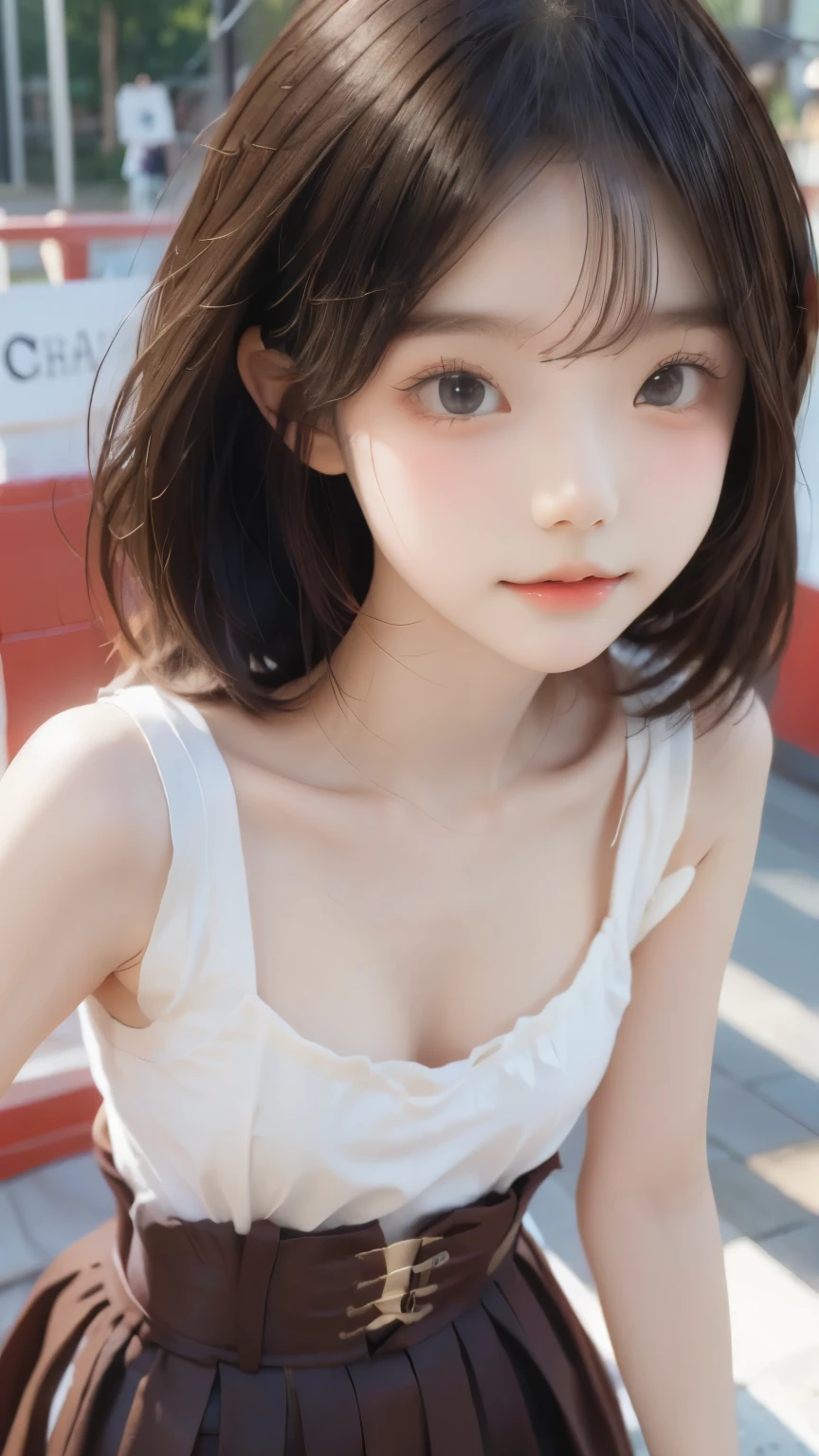 ((highest quality))、(masterpiece:1.4)、Raw photo、8k、((best image quality))、 ((High resolution))、Beautiful face in every detail、realistic human skin、gentle expression、(one woman:1.3 )、realistic、Photoreal、(very short hair:1.4)、(Beautiful woman)、(cute japanese girl)、(boyish:1.4)、(mannish)、((Beautiful woman))、(beautiful hair)、((dark brown hair))、(((red cheeks)))、(((her eyes are big)))、20 year old beauty、(her face is small:1.8)、small head、((long neck))、white skin、spotless skin、With bangs、everyone admires、Beautiful woman in Japan、8 heads tall、(necklace)、(music festival:1.4)、singer、(concert t-shirt)、smile、(oversized clothes:1.3)、happy look、(play bass guitar:1.3)、(On stage:1.3)、stand microphone、Wristband、bracelet、band group vocals、music live、