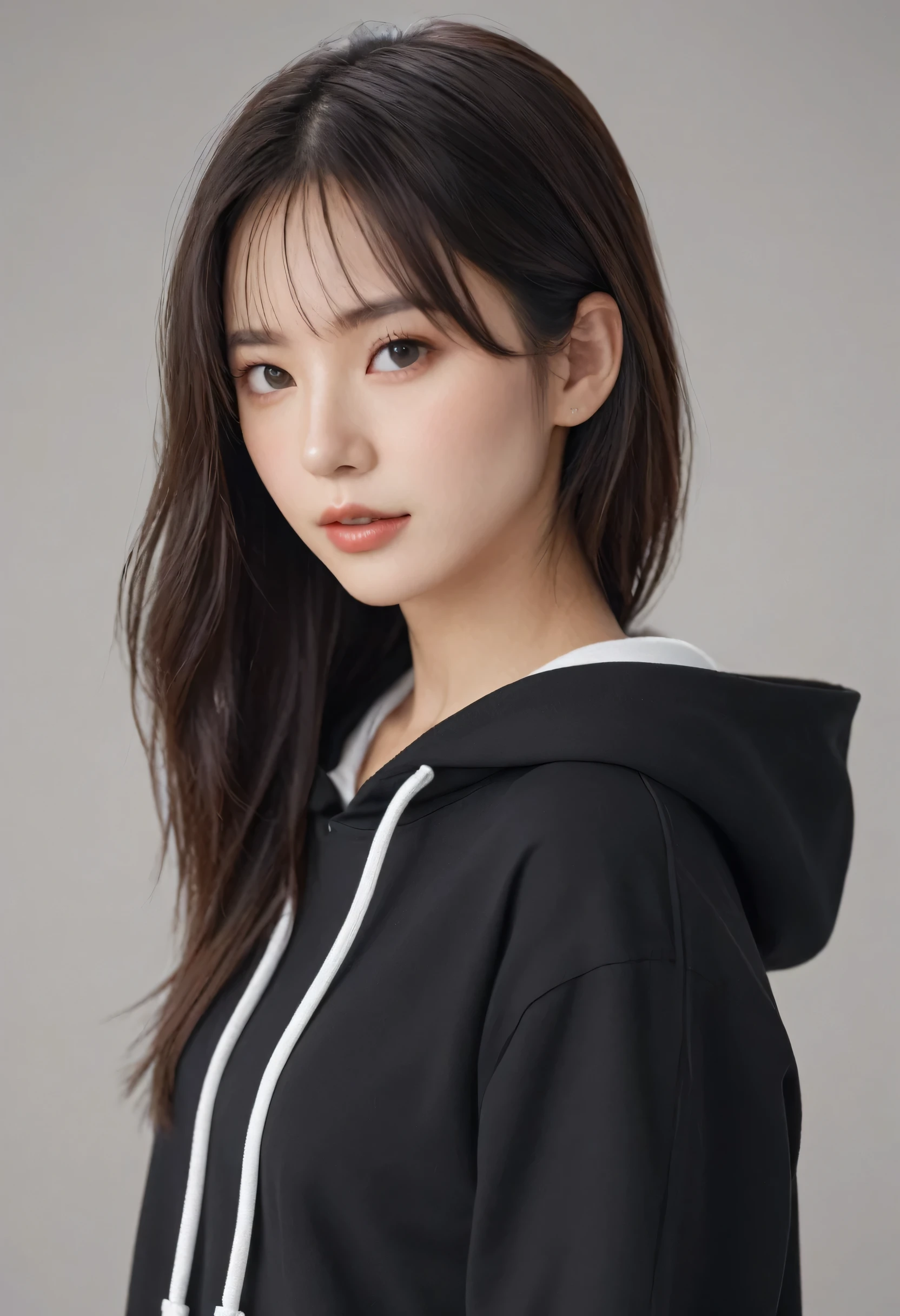 (UHD, retina, masterpiece, accurate, anatomically correct, textured skin, super detail, high details, high quality, award winning, best quality, highres, 8k)This person is、He is dressed casually in a black hoodie with drawstrings and a white shirt underneath.。, Styled with black shorts. She has been a long time, With straight hair、Posing with one hand behind her head, Creates a relaxed and natural look. The background is simple and neutral, The soft lighting accentuates the casual, comfortable feel of the photo..