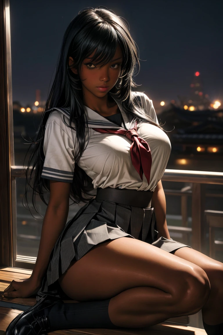 (8k ultra high quality, 最high quality, art, high quality, Perfect light, Absurd, Super detailed, woman, Alone, dark-skinned woman, Black Hair, Dark Skin, Big Boobs, sexy, Japanese School Uniform, Portraiture, Black knee-high socks, sexy student, parted lips, Dark Eyes, View Viewer, Japanese city background, Big Breasts, Small sample, sexy, Olive skin, Dark Skin, Hold your chest, wallpaper, Short skirt, high school girl sexy.