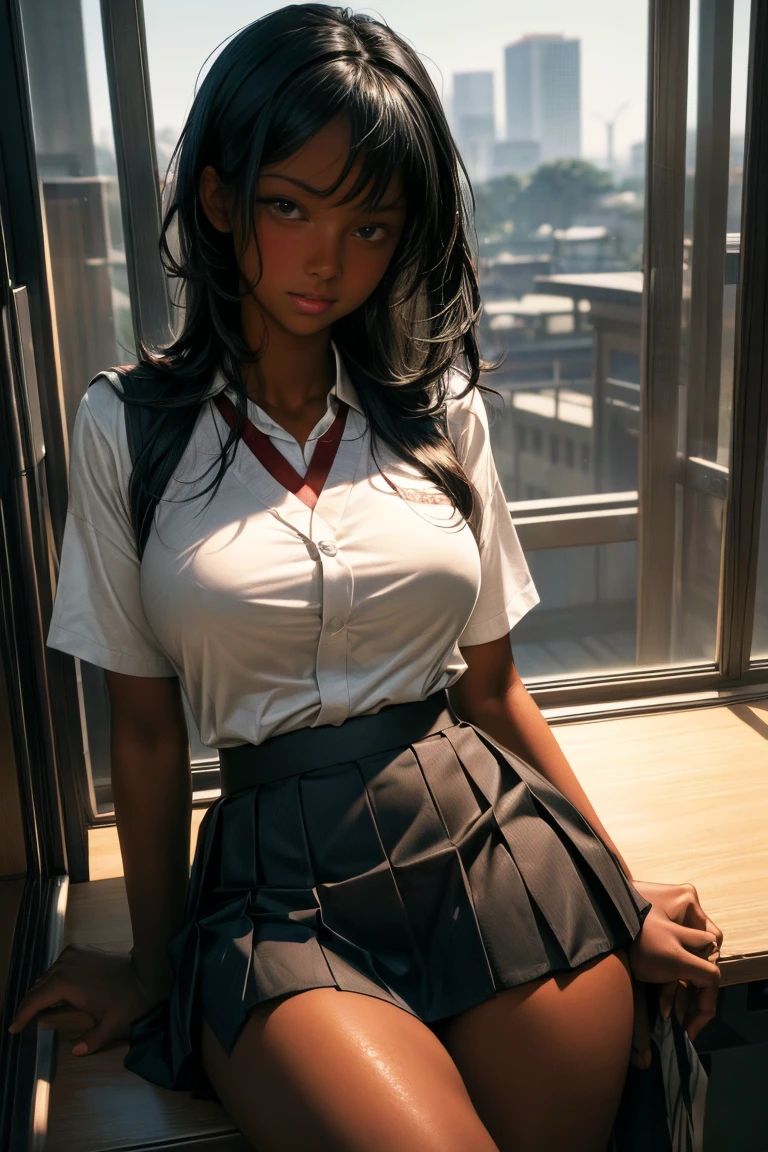 (8k ultra high quality, 最high quality, art, high quality, Perfect light, Absurd, Super detailed, woman, Alone, dark-skinned woman, Black Hair, Dark Skin, Big Boobs, sexy, Japanese School Uniform, Portraiture, Black knee-high socks, sexy student, parted lips, Dark Eyes, View Viewer, Japanese city background, Big Breasts, Small sample, sexy, Olive skin, Dark Skin, Hold your chest, wallpaper, Short skirt, high school girl sexy.