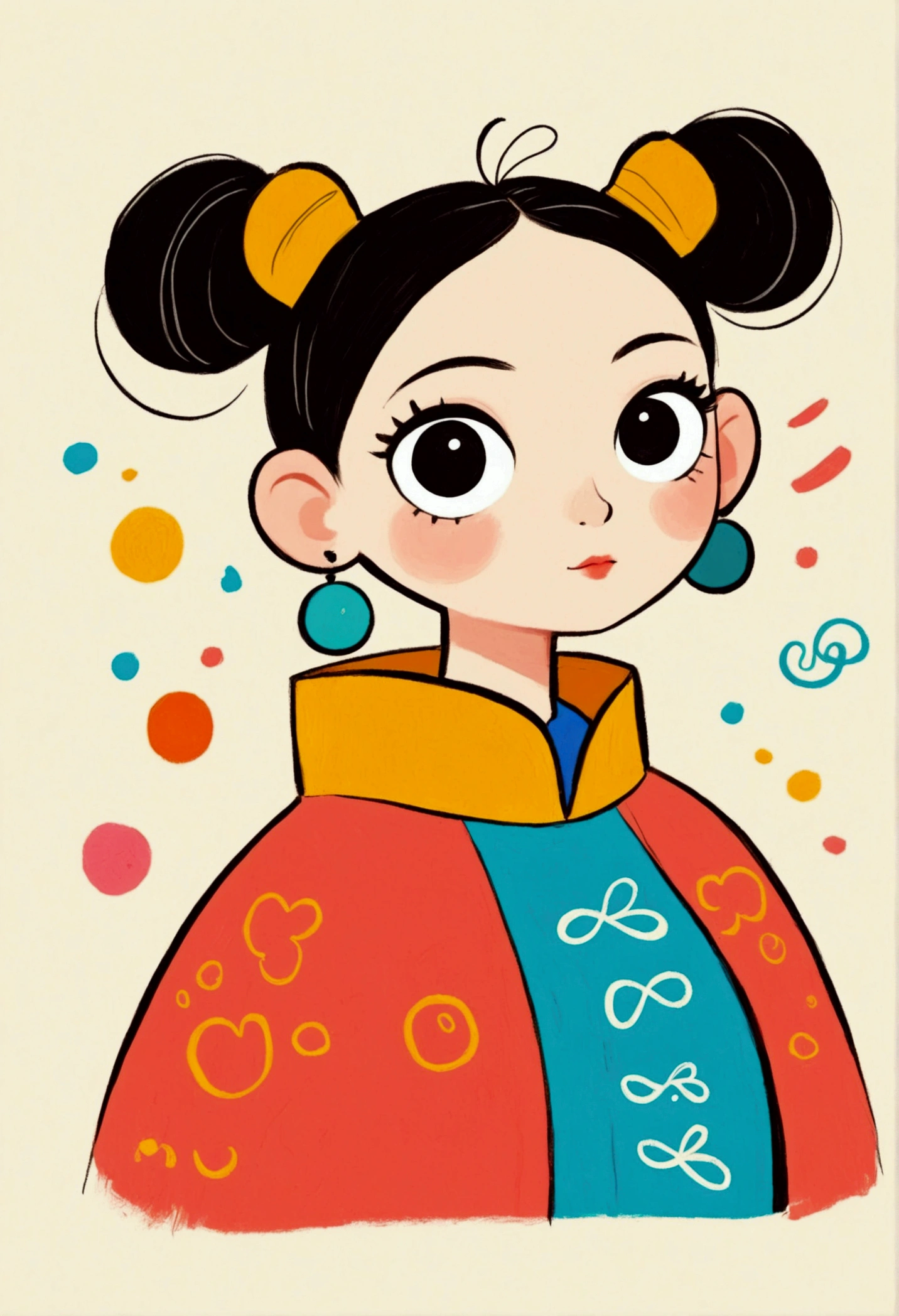 flat wind，vector，Childish art cartoon，Oil pastel graffiti，Cute style，High bun，Qing Dynasty，Minimalism， number，Lovely art style, Colorful! Digital illustration style, The Art of Mathematics. Colorful comic, Hand drawn cartoon art style，Solid color background，black line