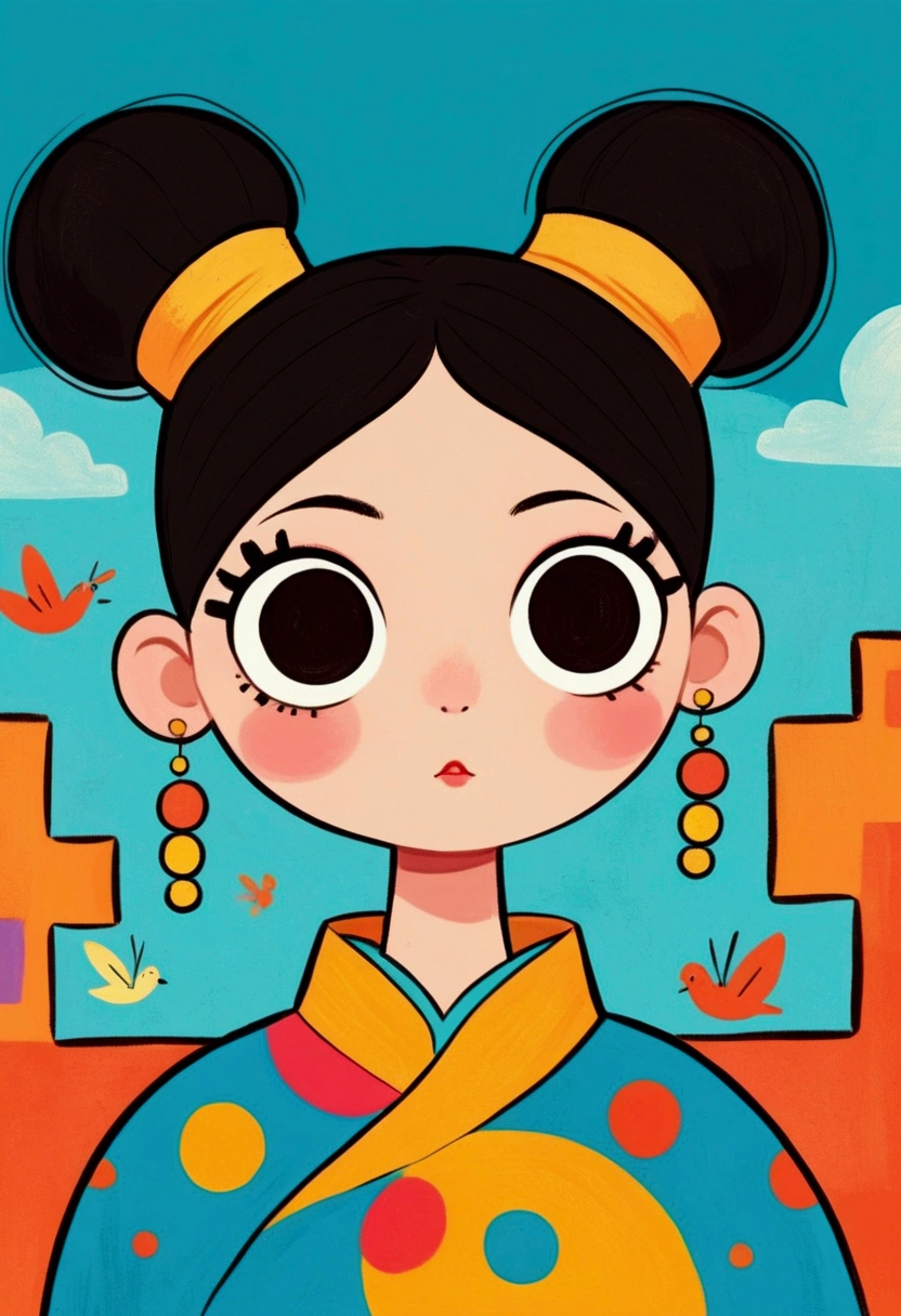 flat wind，vector，Childish art cartoon，Oil pastel graffiti，Cute style，High bun，Qing Dynasty，Minimalism， number，Lovely art style, Colorful! Digital illustration style, The Art of Mathematics. Colorful comic, Hand drawn cartoon art style，Solid color background，black line