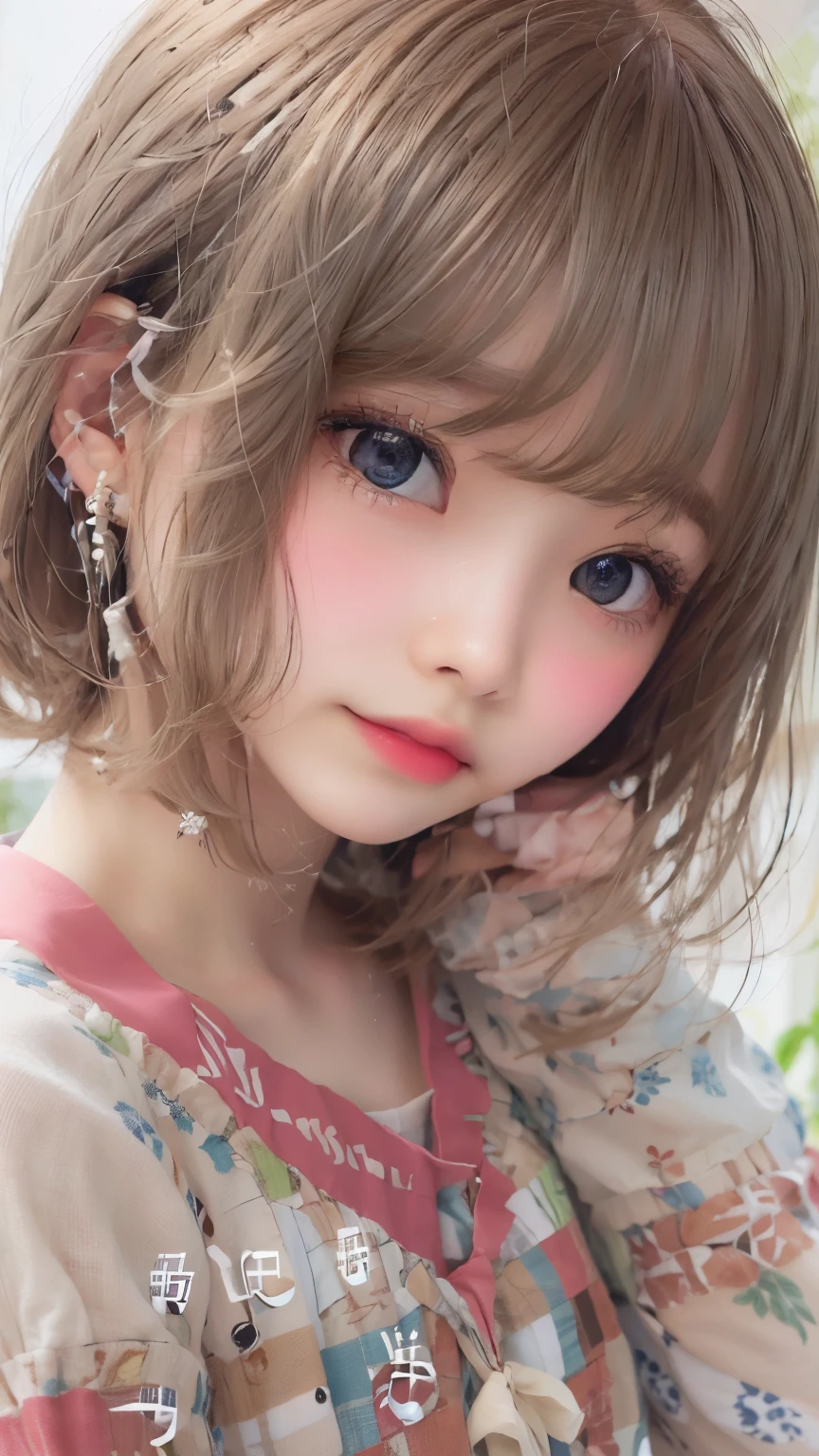 ((highest quality))、(masterpiece:1.4)、Raw photo、8k、((best image quality))、 ((High resolution))、Beautiful face in every detail、realistic human skin、gentle expression、(one woman:1.3 )、realistic、Photoreal、(very short hair:1.4)、(Beautiful woman)、(cute japanese girl)、(boyish:1.4)、(mannish)、((Beautiful woman))、(beautiful hair)、((dark brown hair))、(((red cheeks)))、(((her eyes are big)))、20 year old beauty、(her face is small:1.8)、small head、((long neck))、white skin、spotless skin、With bangs、everyone admires、Beautiful woman in Japan、8 heads tall、(necklace)、(music festival:1.4)、singer、(concert t-shirt)、smile、(oversized clothes:1.3)、happy look、(play bass guitar:1.3)、(On stage:1.3)、stand microphone、Wristband、bracelet、band group vocals、music live、