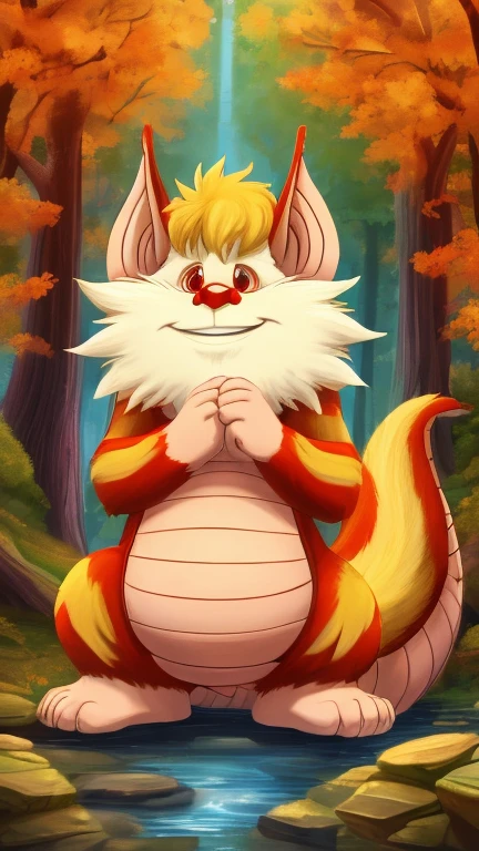 (Snarf, big tail, red eyes, red nose,  furry,), highly insanely detailed, masterpiece, top quality, best quality, highres, 4k, 8k, RAW photo),((innocent look)),((Childish)),From the front, symmetrical composition,smile,cute,Innocent,Kind eyes,Flat chest,digital art Style, forest, autumn, (SnarfCatOsbertYI),front view, chibi