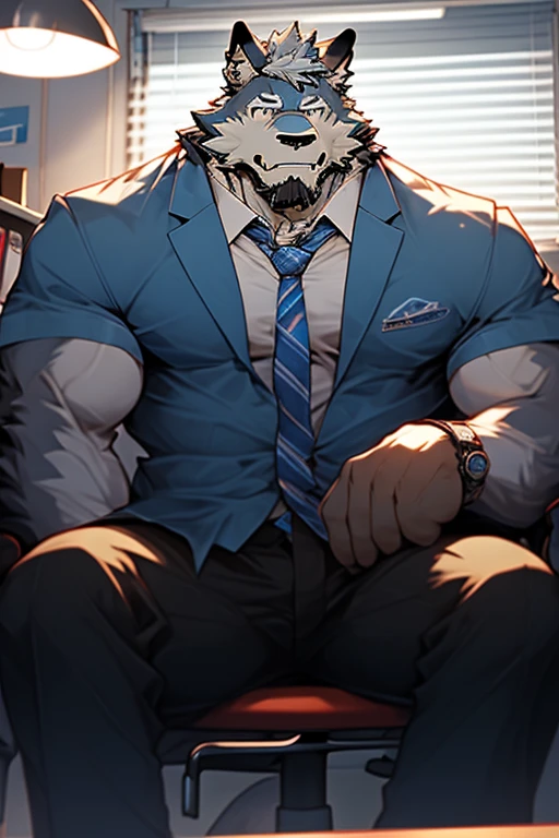 (through empty ghost, From thebigslick, through dark gems, Will chase), Keyuan Tower (Onmyoji Daisenji Temple), High quality photos, Perfect anatomical structure, Anthropomorphic white tiger, Men, 26 years old, thick eyebrows, (short hair:1.5), Light blue stripes, tall, strong, White shirt, Black suit suit, Open neckline, Small bump, holding a briefcase, Stand at the door of the company, Shy expression, blush, Golden pupils, Look at the audience, Clear facial features, strong, Solitary, solo, Front view, Full body image, High-rise buildings,Correct gestures