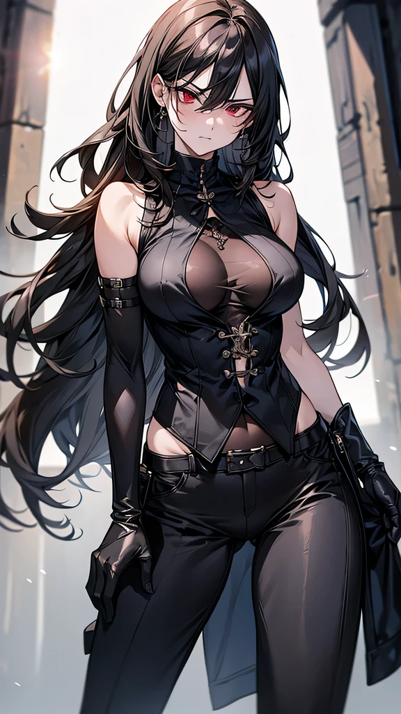 high resolution, Masterpiece, Anatomically correct, precise, qualityที่ดีที่สุด, quality, 1 woman, Age 25 years,Medium length hair, light brown hair, Uneven hairstyles, big breasts, earring, Dark makeup, A thin smile., simple background, Close-up photography, decorations, Anime style, Wearing a fancy suit,Wealth,millionaire
