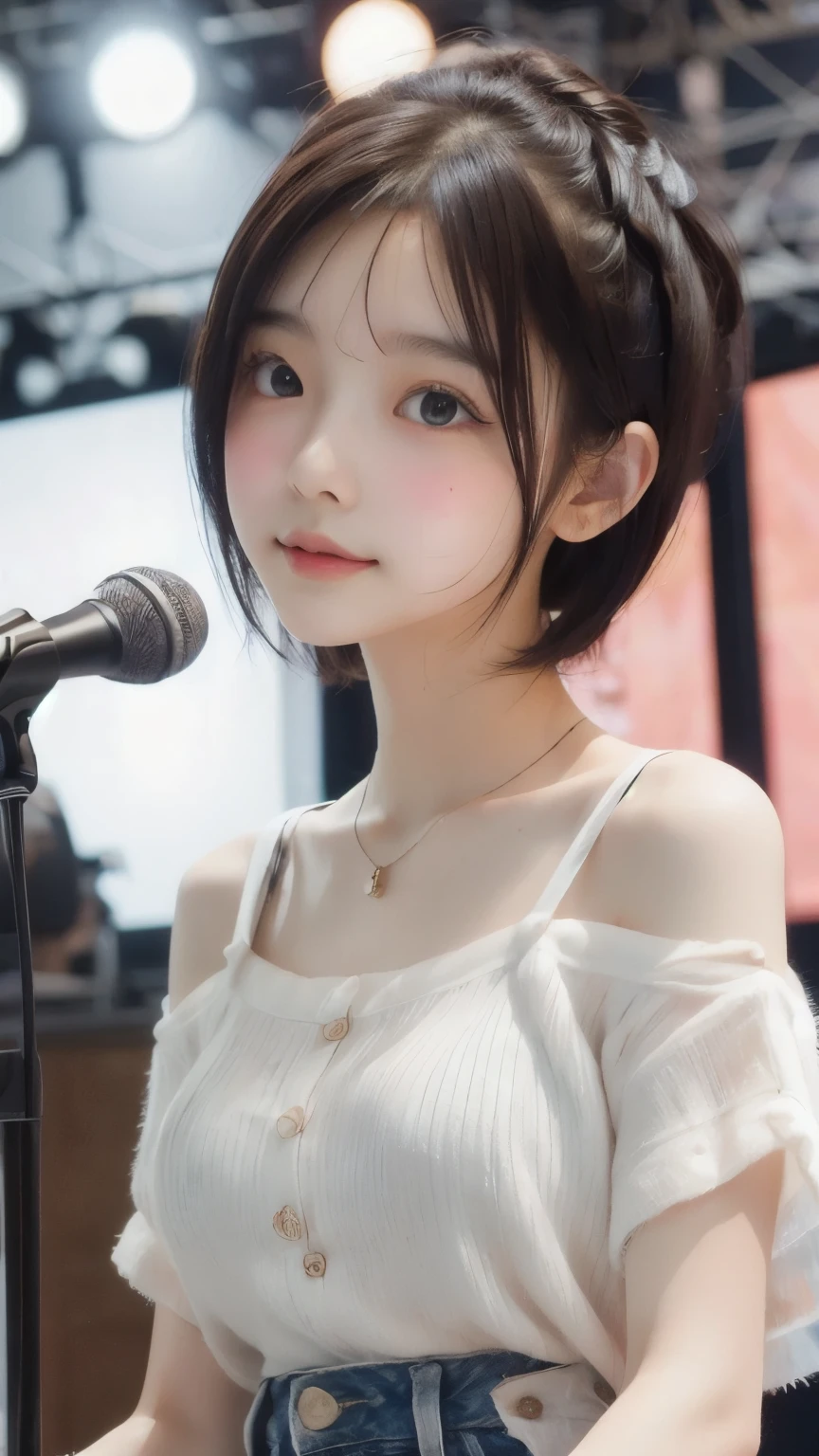 ((highest quality))、(masterpiece:1.4)、Raw photo、8K、((best image quality))、 ((High resolution))、Beautiful face in every detail、realistic human skin、gentle expression、(one woman:1.3 )、realistic、Photoreal、(very short hair:1.4)、(play the bass guitar:1.3)、(on stage:1.3)、((perform at a live concert))、(chain collar:1.35)、Wristband、bracelet、((young woman admires her))、(live music)、(concert)、she has many fans、rock band、(Beautiful woman)、(cute japanese girl)、(boyish:1.3)、(mannish)、((Beautiful woman))、(beautiful hair)、((dark brown hair))、(((red cheeks)))、(Big eyes:1.3)、20 year old beauty、(her face is small:1.5 )、small head、((long neck))、white skin、spotless skin、With bangs、everyone admires、Beautiful woman in Japan、((8 heads tall))、(music festival:1.4)、singer、(concert t-shirt)、smile、(oversized clothes:1.3)、happy look、(young people admire her:1.4)