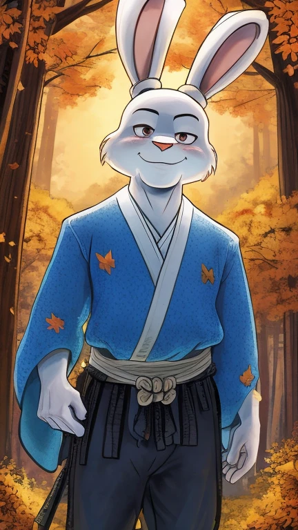 (male, solo, rabbit), highly insanely detailed, masterpiece, top quality, best quality, highres, 4k, 8k, RAW photo),((innocent look)),((Childish)),From the front, symmetrical composition,smile,cute,Innocent,Kind eyes,Flat chest,digital art Style, forest, autumn, (usagi yojimbo),front view, upper body, blue kimono, black pant