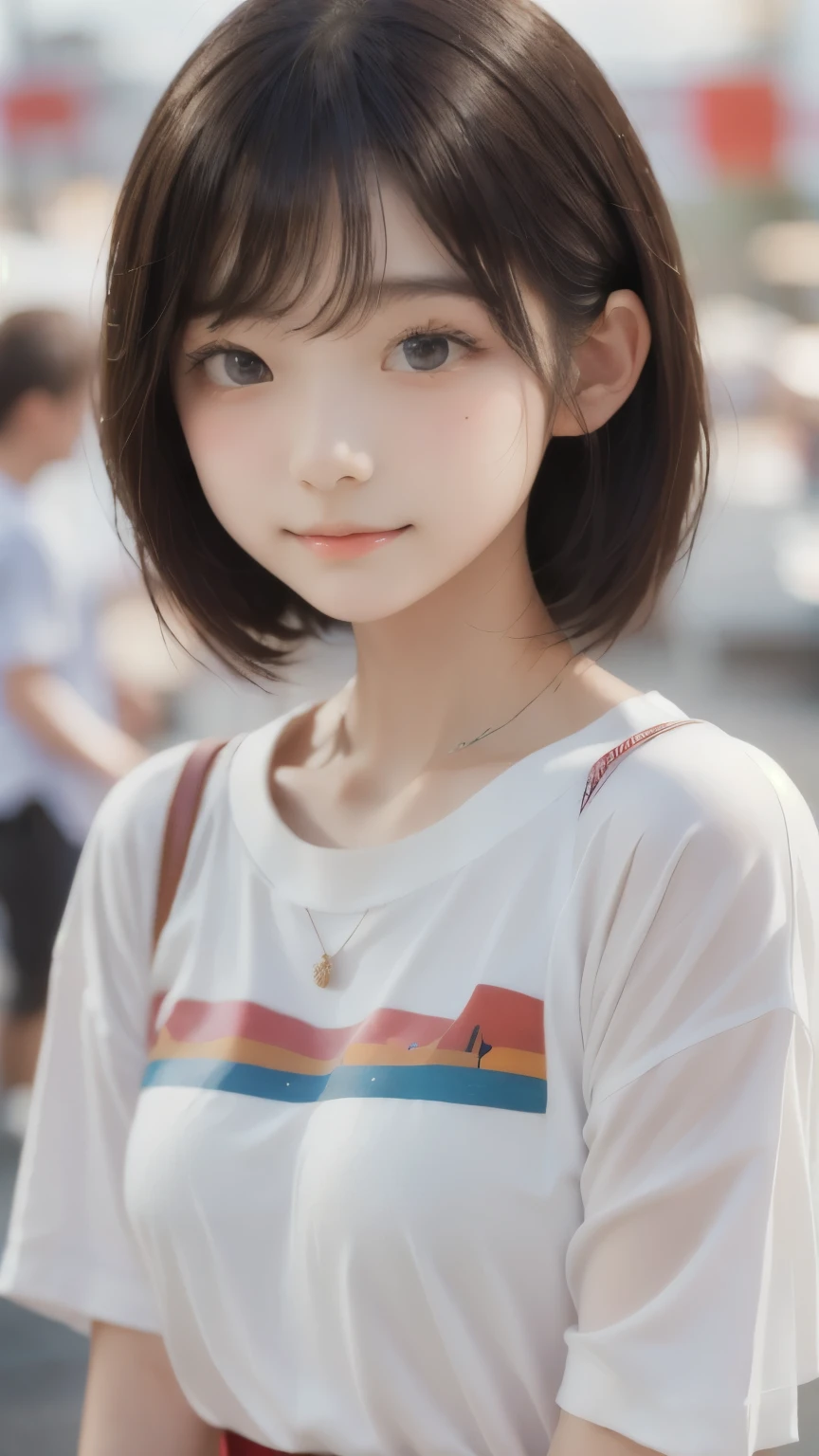 ((highest quality))、(masterpiece:1.4)、Raw photo、8k、((best image quality))、 ((High resolution))、Beautiful face in every detail、realistic human skin、gentle expression、(one woman:1.3 )、realistic、Photoreal、(very short hair:1.4)、(Beautiful woman)、(cute japanese girl)、(boyish:1.4)、(mannish)、((Beautiful woman))、(beautiful hair)、((dark brown hair))、(((red cheeks)))、(((her eyes are big)))、20 year old beauty、(her face is small:1.8)、small head、((long neck))、white skin、spotless skin、With bangs、everyone admires、Beautiful woman in Japan、8 heads tall、(necklace)、(music festival:1.4)、singer、(concert t-shirt)、smile、(oversized clothes:1.3)、happy look、(play bass guitar:1.3)、(On stage:1.3)、stand microphone、Wristband、bracelet、band group vocals、music live、