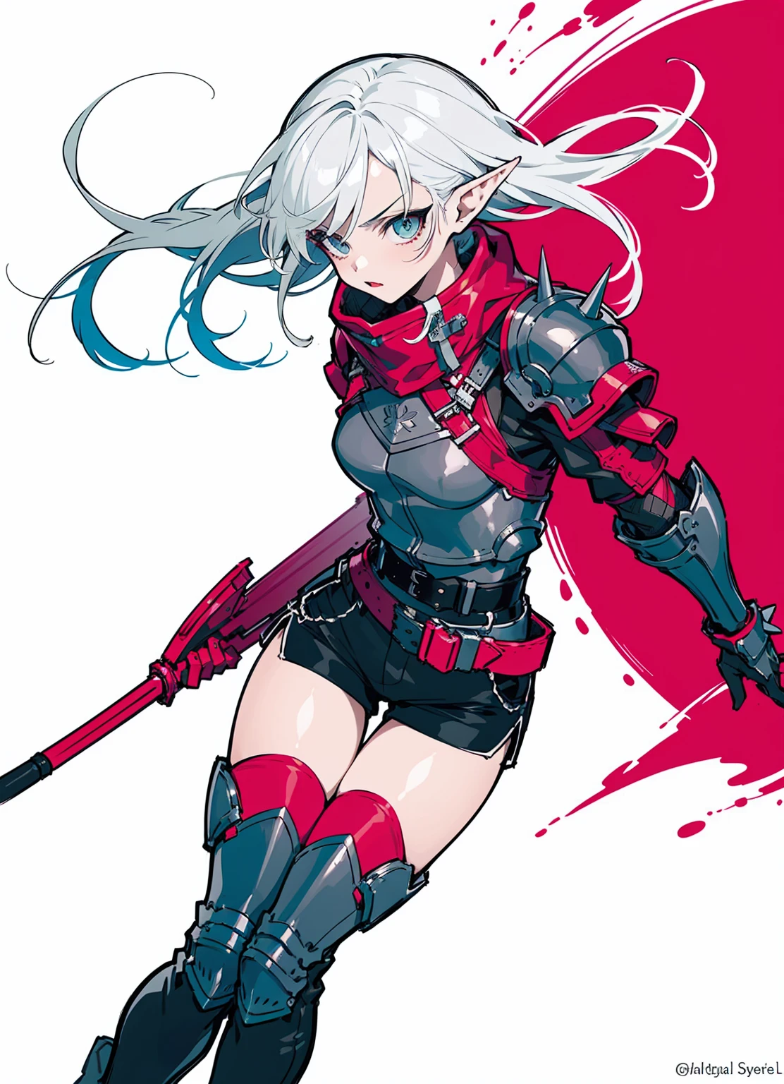  masterpiece,best quality,, (usnr:1.5) ,a digital drawing in an anime style, featuring a female character with distinct fantasy elements, she has long, flowing white hair adorned with black spikes, and her eyes are a striking red, giving her a fierce and determined expression, her skin is fair, and she wears pointed elf ears, indicating her elven heritage, she is dressed in a dark, armored outfit with a high collar, a white shirt underneath, and black shorts, her outfit is complemented by a black belt and thigh-high boots, the character is holding a large, sharp, pink rose in her right hand, with her left arm extended forward, as if she is about to strike, the background is a stark white, drawing attention to the character, the texture of the drawing is smooth, with sharp lines and shading that accentuate the character's armor and the rose, the overall color palette is dominated by dark shades of black, white, and pink, with splashes of pink adding a dynamic and intense atmosphere